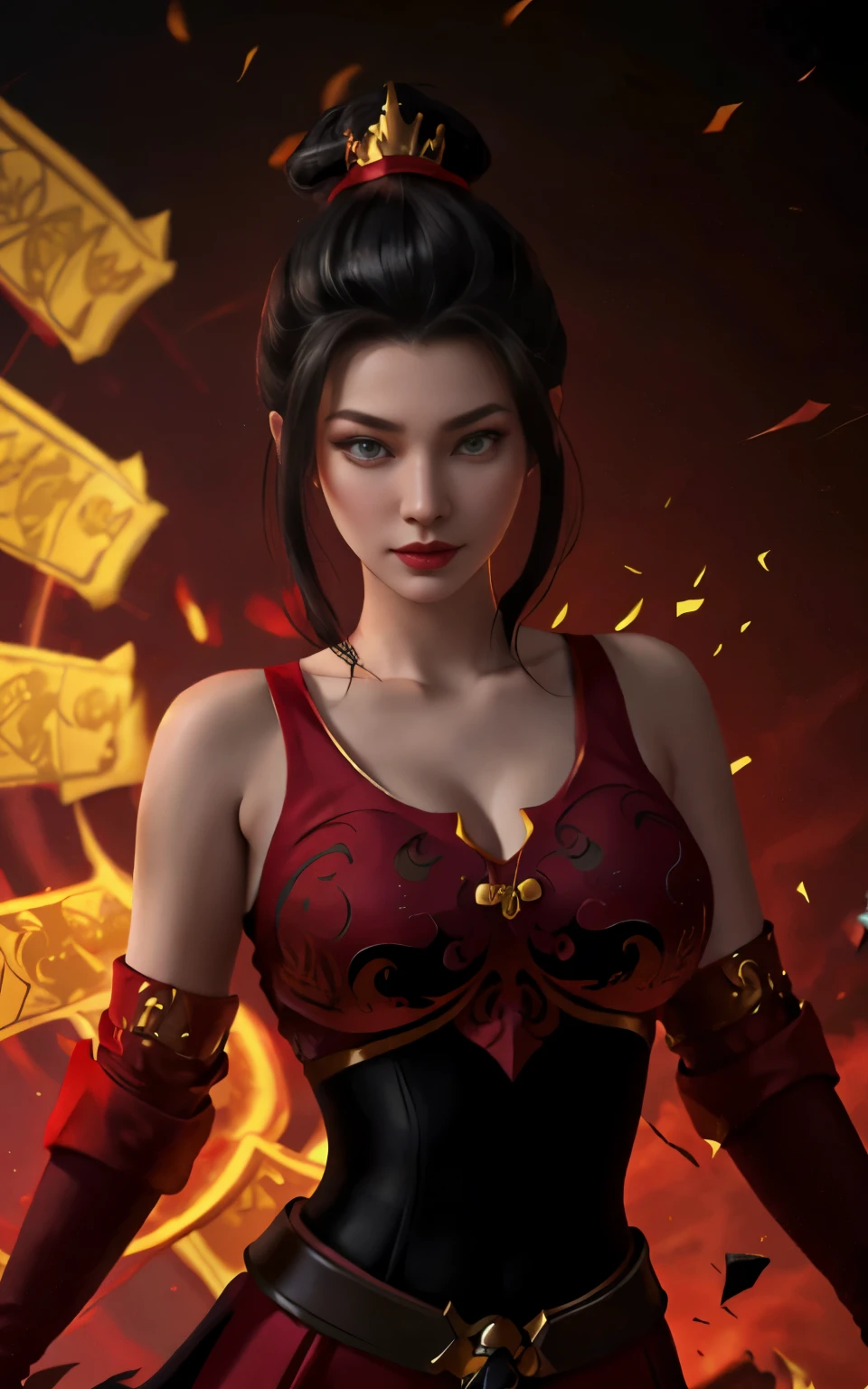 Azula in a red dress with a dragon on her chest, (4k), (masterpiece), (best quality),(extremely intricate), (realistic), (sharp focus), (award winning), (cinematic lighting), 1girl, 18 year old, caucasian, green eyes, perfect eyes, perfect iris, perfect pupils, perfect lips,perfect nose, perfect hands, very detailed breast, perfect fingers, black hair, princess azula big breast