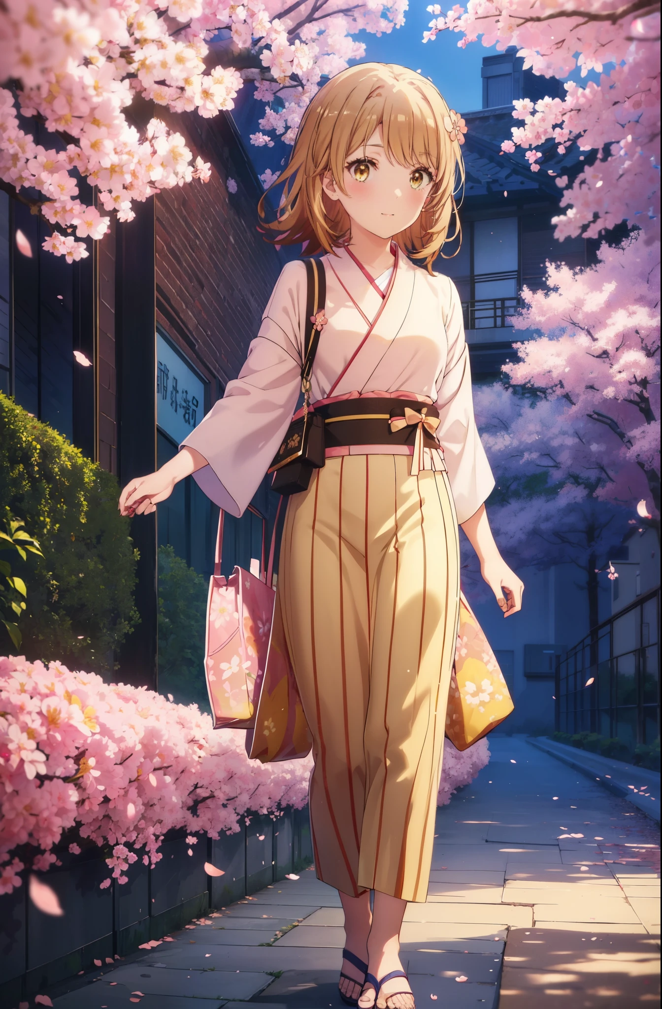 irohaisshiki, iroha isshiki,1girl girl, long hair, shoulder length and short braids,cherry blossom hair ornament,brown hair, (brown eyes:1.5), smile,blush,Yellow flower stem kimono,yukata,Zori sandals,Cherry blossom tree-lined path,cherry blossoms are blooming,Cherry blossoms are scattered,noon,spring,pink scenery,walking,
break outdoors, garden,
break looking at viewer (cowboy shot:1. 5)
break (masterpiece:1.2), highest quality, High resolution, unity 8k wallpaper, (figure:0.8), (detailed and beautiful eyes:1.6), highly detailed face, perfect lighting, Very detailed CG, (perfect hands, perfect anatomy),
