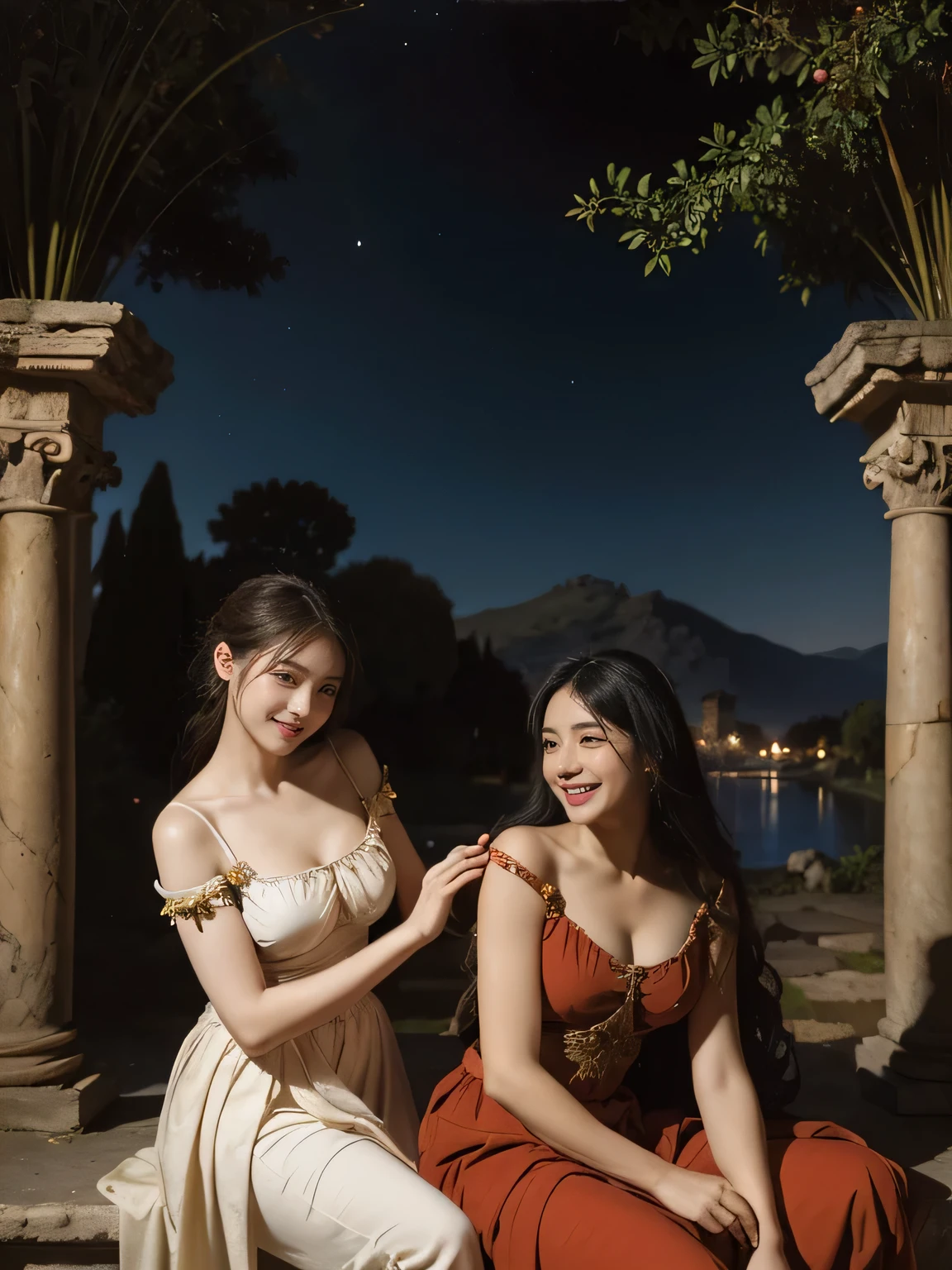 Giorgione painting style,Arguments of two female Philosophe,math、astronomical machine、astronaut、roses in vase、fruits、Cute trinkets、smile、ancient greek costume、Background is a forest lake at night 、Clothes that stretch your shoulders、A big smile、beautiful bare skin、A detailed representation of the seducing woman throughout her body.full body portrait, Ancient Roman ruins, Poussin-style landscape at night, A smile, , Sweet and seductive appearance.、Caravaggio's paintings、Chiaroscuro of Caravaggio、Hair disheveled in the wind, Two women frolicking, Cute smile, Expression of ecstasy, A sexy, Erotic
