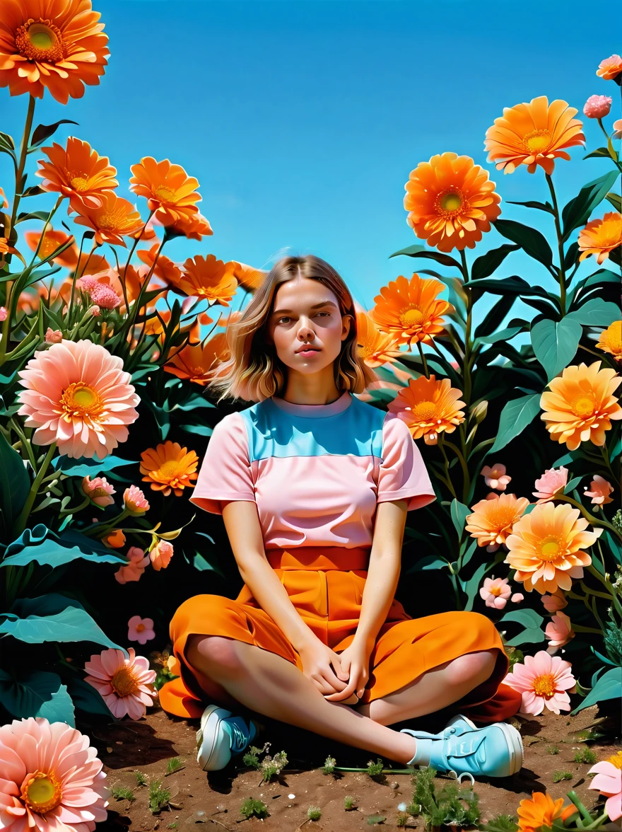 A girl sitting on the ground holding flowers，With a playful postmodernist flair，terrain photography，New American Color Photography，bright orange and sky blue，dark and light pink，vivid、exaggerated scenes，Made from flowers