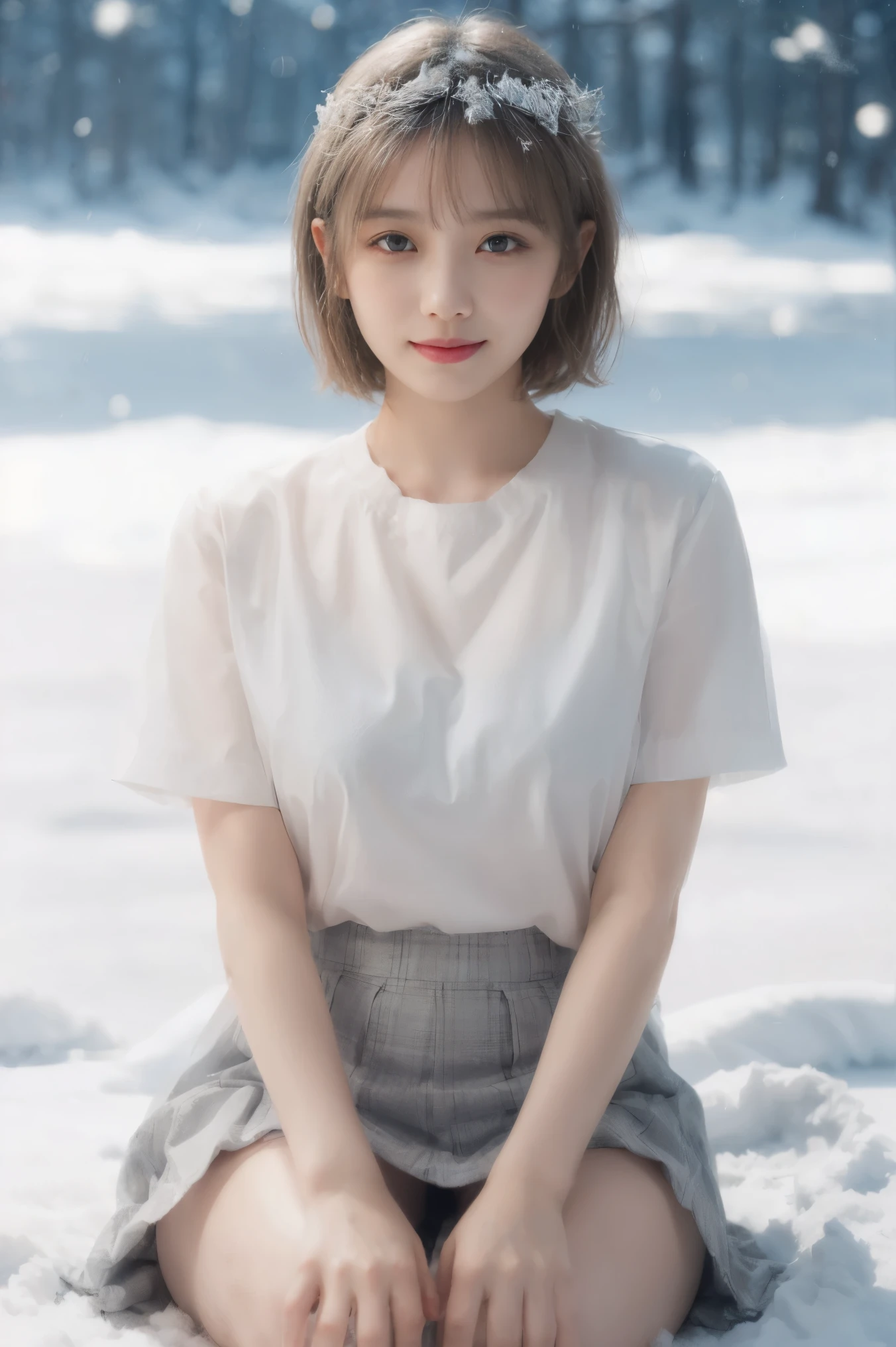 character:ball,(3:1),Highly detailed CG Unity 8k wallpaper,(highest quality), ((super detailed)),(masterpiece), (High resolution),cute,White Paper Shirts,((Beautiful gray detail eyes)),Hairstar,White Paper Detail Pleated Skirt,short hair,gray hair,(pleated paper ball on head),(hoing on paper ball),blue sky,[smile face on round wrinkle paper ball on ground],jitome,heavy snow,grassland,blush sticker, 