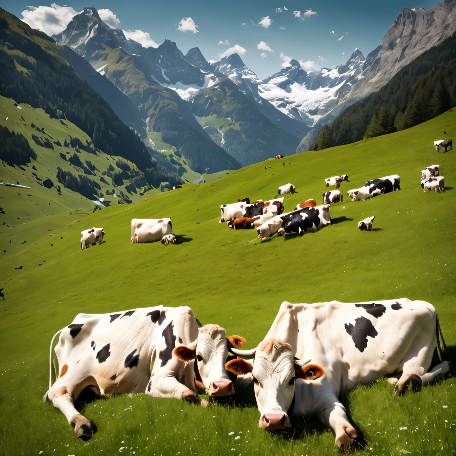 there are many cows that are laying down in the grass, cows, in the swiss alps, by Matthias Weischer, swiss alps, switzerland, random cows, by Karl Stauffer-Bern, bovine, by Franz Hegi, by Dietmar Damerau, shutterstock contest winner, cow, by Karl Gerstner, by Etienne Delessert