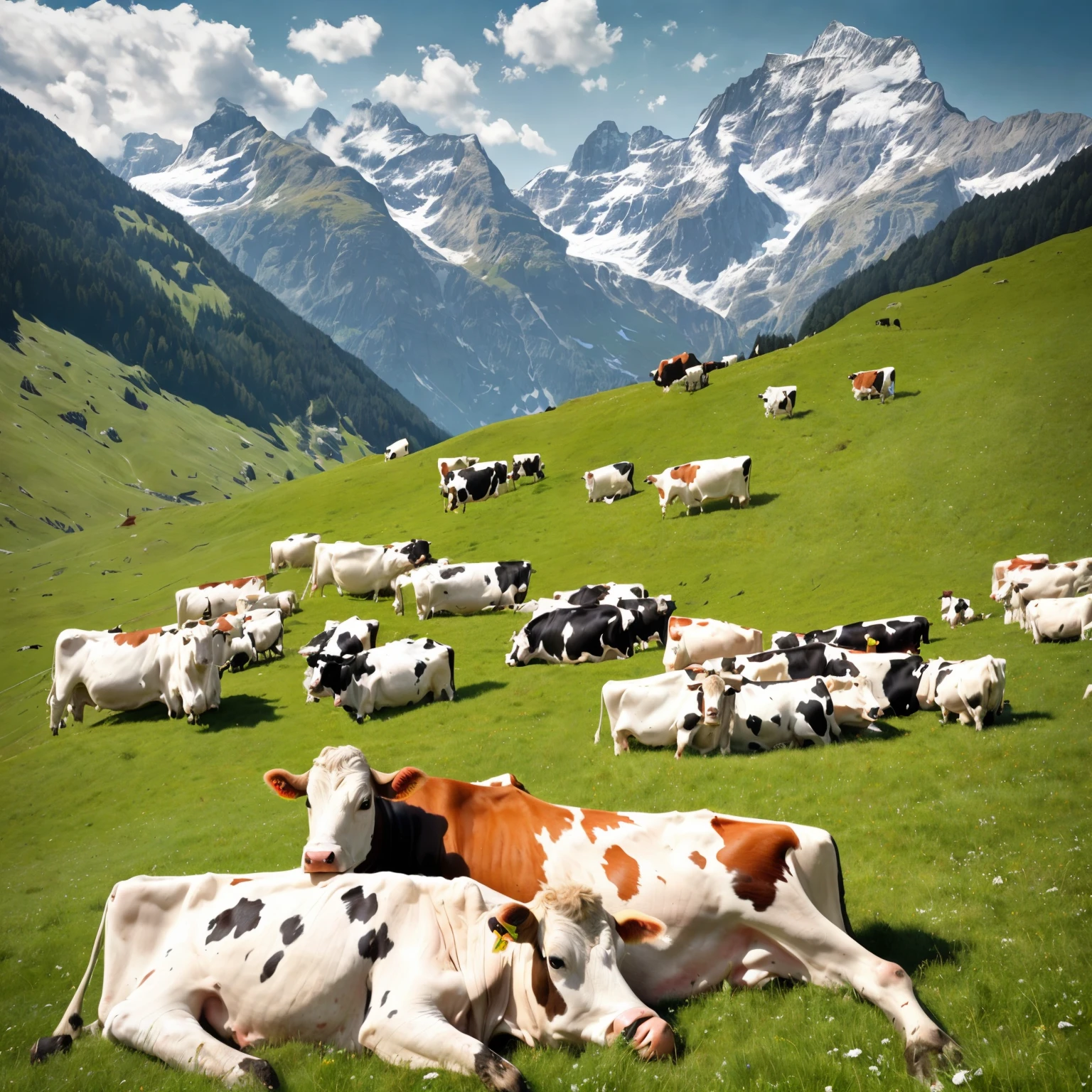 there are many cows that are laying down in the grass, cows, in the swiss alps, by Matthias Weischer, swiss alps, switzerland, random cows, by Karl Stauffer-Bern, bovine, by Franz Hegi, by Dietmar Damerau, shutterstock contest winner, cow, by Karl Gerstner, by Etienne Delessert