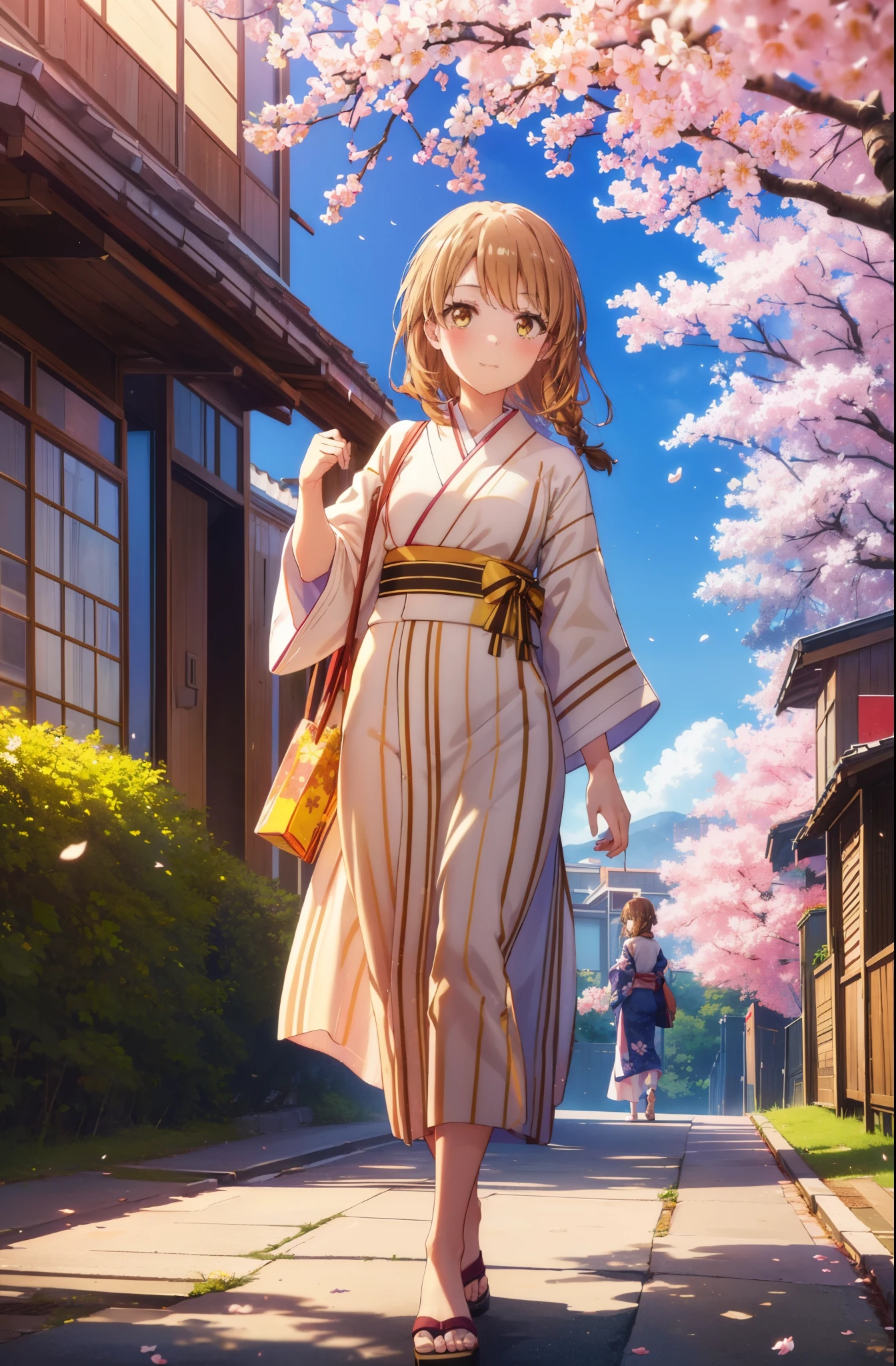 irohaisshiki, iroha isshiki,1girl girl, long hair, shoulder length and short braids,cherry blossom hair ornament,brown hair, (brown eyes:1.5), smile,blush,Yellow flower stem kimono,yukata,Zori sandals,Cherry blossom tree-lined path,cherry blossoms are blooming,Cherry blossoms are scattered,noon,spring,walking,
break outdoors, garden,
break looking at viewer (cowboy shot:1. 5)
break (masterpiece:1.2), highest quality, High resolution, unity 8k wallpaper, (figure:0.8), (detailed and beautiful eyes:1.6), highly detailed face, perfect lighting, Very detailed CG, (perfect hands, perfect anatomy),