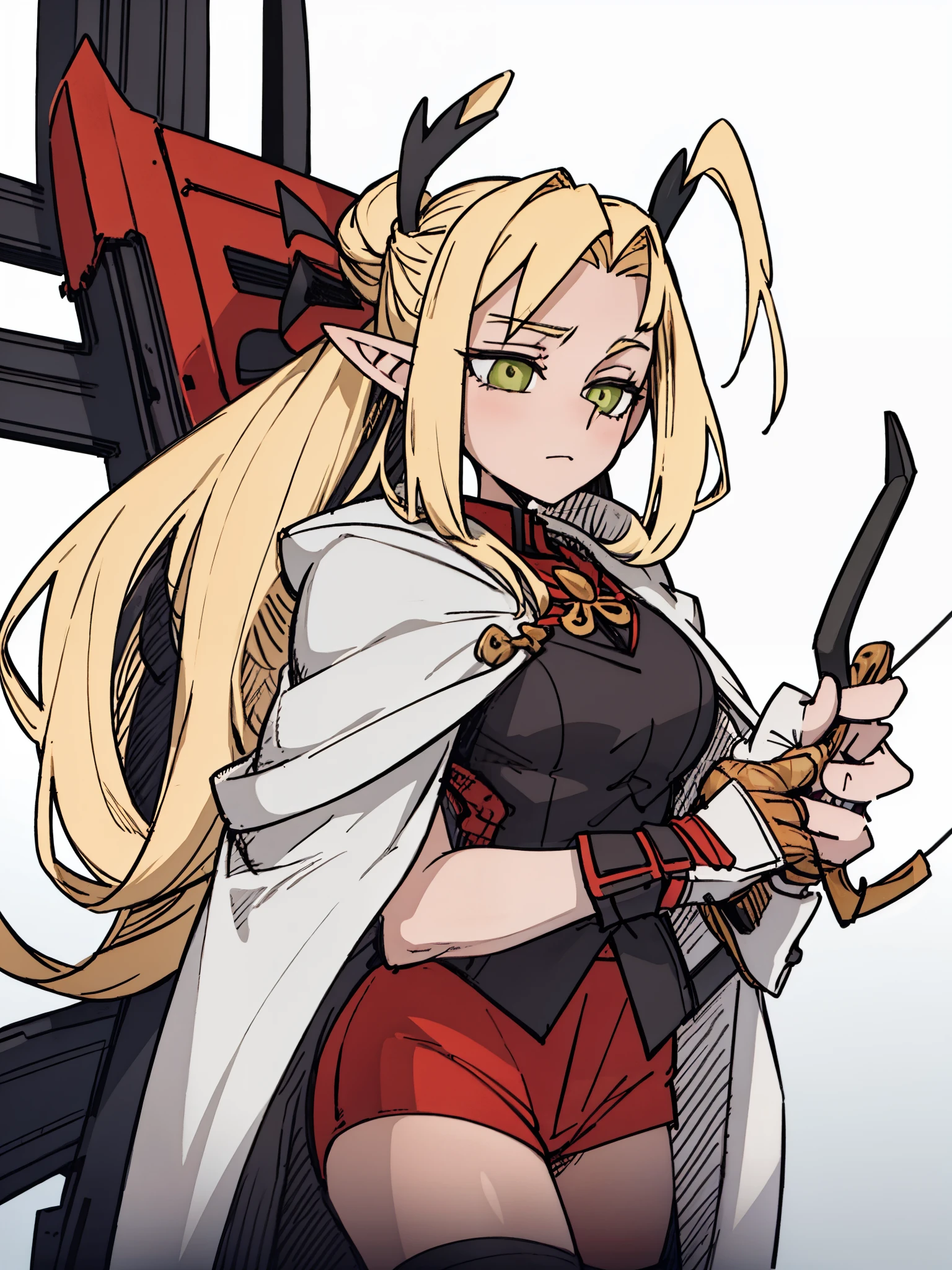 ((a woman,Elf Archer,long blonde hair,Holding a long bow in hand)),front,Half body,Elf soldier,red cloak,temperament,beauty,Mature,Different world,middle Ages,White background