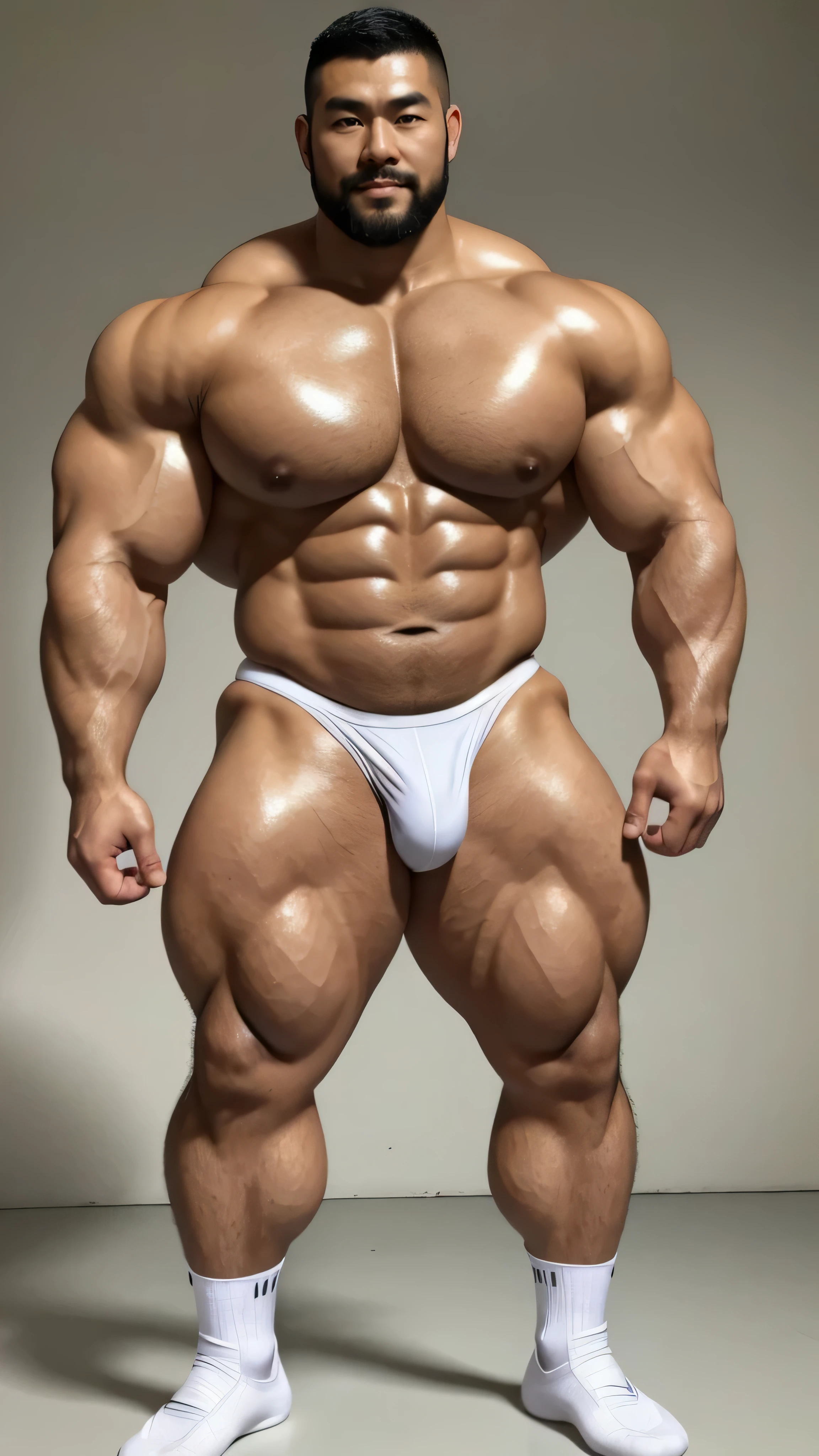 There is only one Chinese bodybuilder in the photo,30 years old,Tall and handsome, toned body,short hair, O-shaped beard,Perfect body, Dark and shiny complexion,Muscle bulge, muscular, Very big pecs,Very sexy abs,Leg muscles are very developed,Huge bumpy area,Brighten oily skin,Wearing a gold leather shiny thong,handsome face, Correct and accurate male body proportions, full-body shot, shiny muscular skin,wear white socks,standing in front of gray background board。