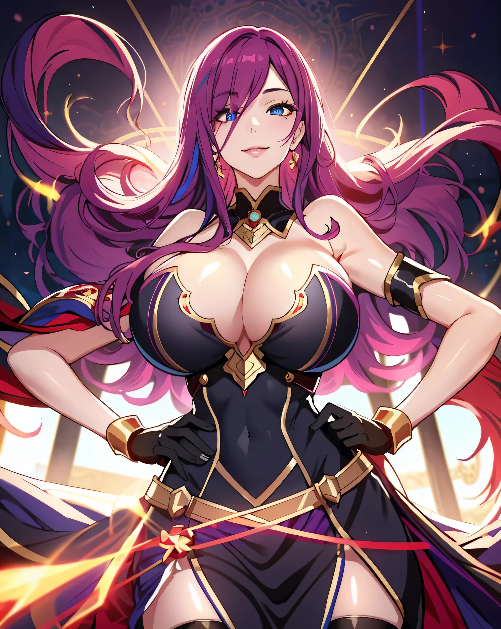 Lian, magenta hair, hair stick, bangs, blue eyes, solo, smiling, standing, upper body, hips, bare shoulders,purple thighhighs, black dress, gold jewelry,armor,gloves,circlet, cleavage, red and gold royal castle, gigantic breasts, (best quality, masterpiece, beautiful and aesthetic:1.2, highest detailed face, perfect face,) eyes, perfect face,expressive eyes,
looking at viewer, in the center of the image,(Upper_body),(Focus on her face),
official art,extremely detailed CG unity 8k wallpaper, perfect lighting,Colorful, Bright_Front_face_Lighting,shiny skin,
(masterpiece:1.0),(best_quality:1.0), ultra high res,4K,ultra-detailed