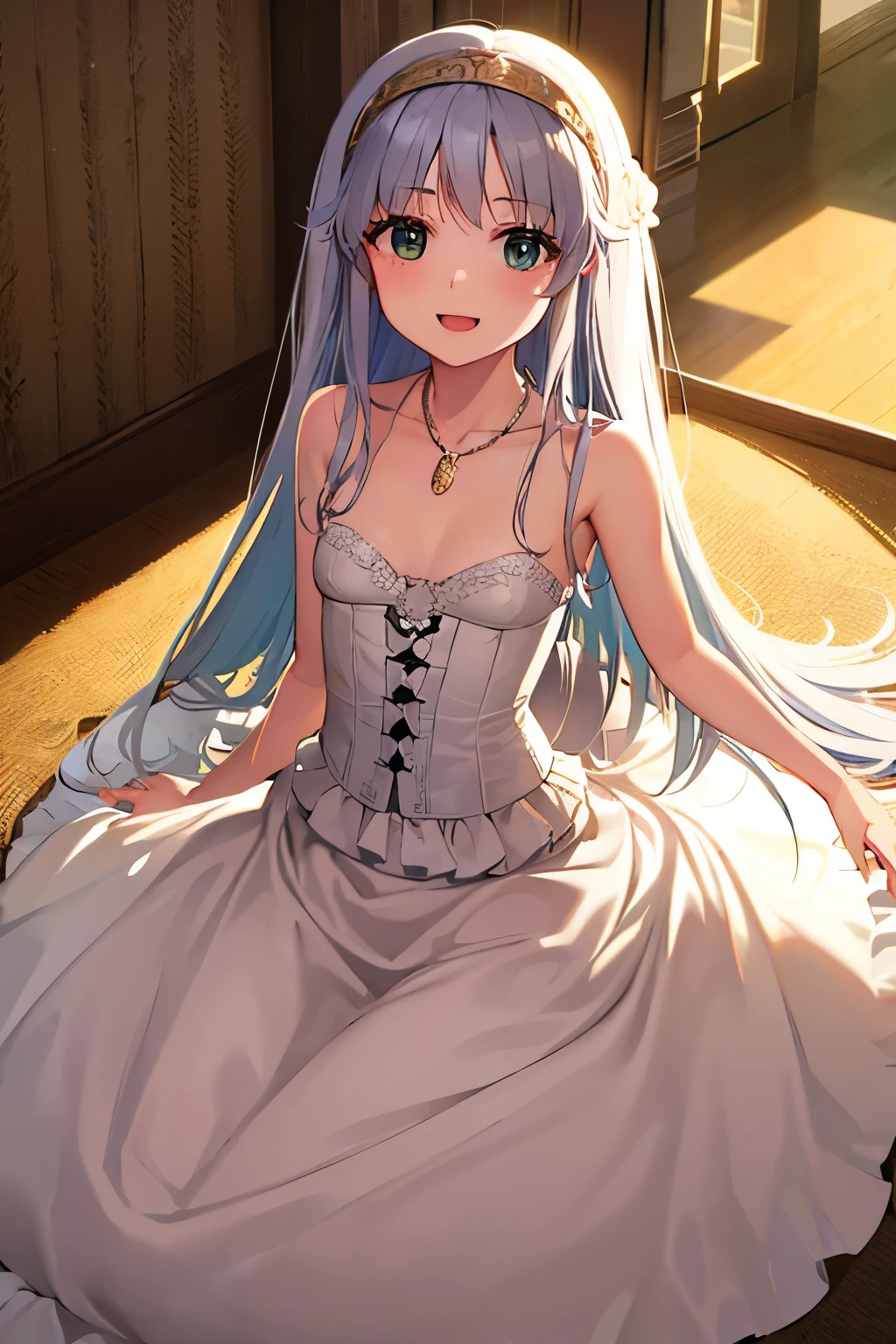 Cabello largo plateado, ojos verdes, headband, necklace, bunny ears, corset, very long socks, happy, sonrisa, muslos hermosos, inside house
