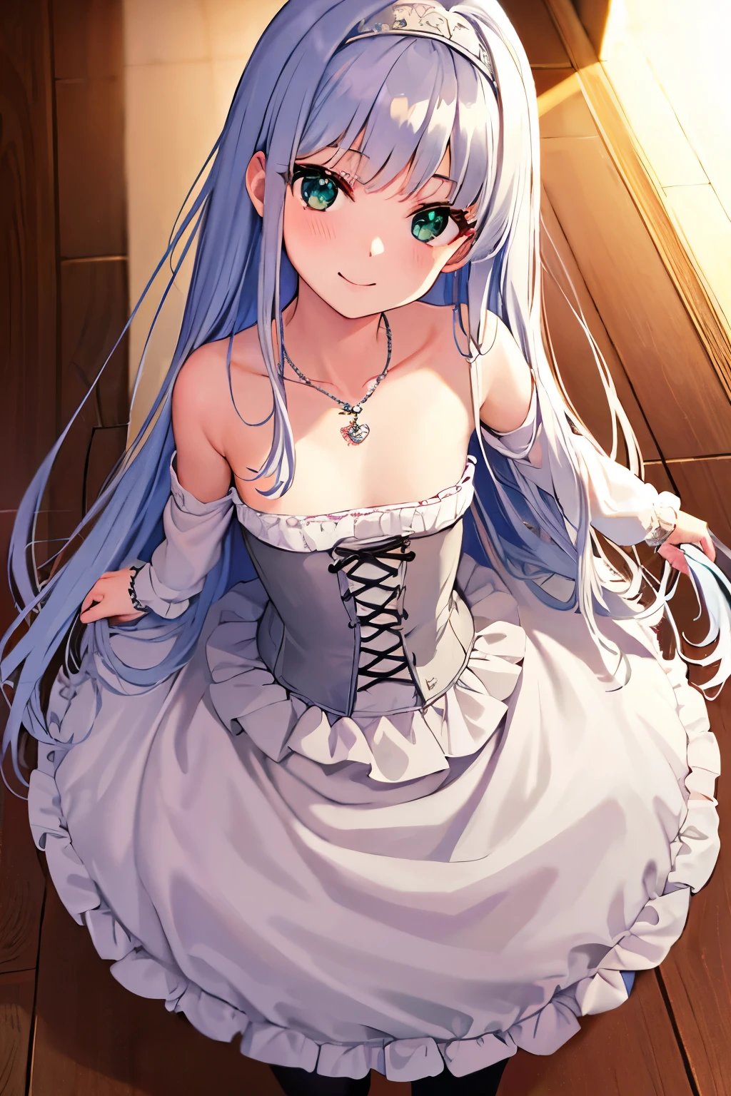 Cabello largo plateado, ojos verdes, headband, corset, skirt, flat breast, necklace, sonrisa, happy, muslos hermosos, inside house