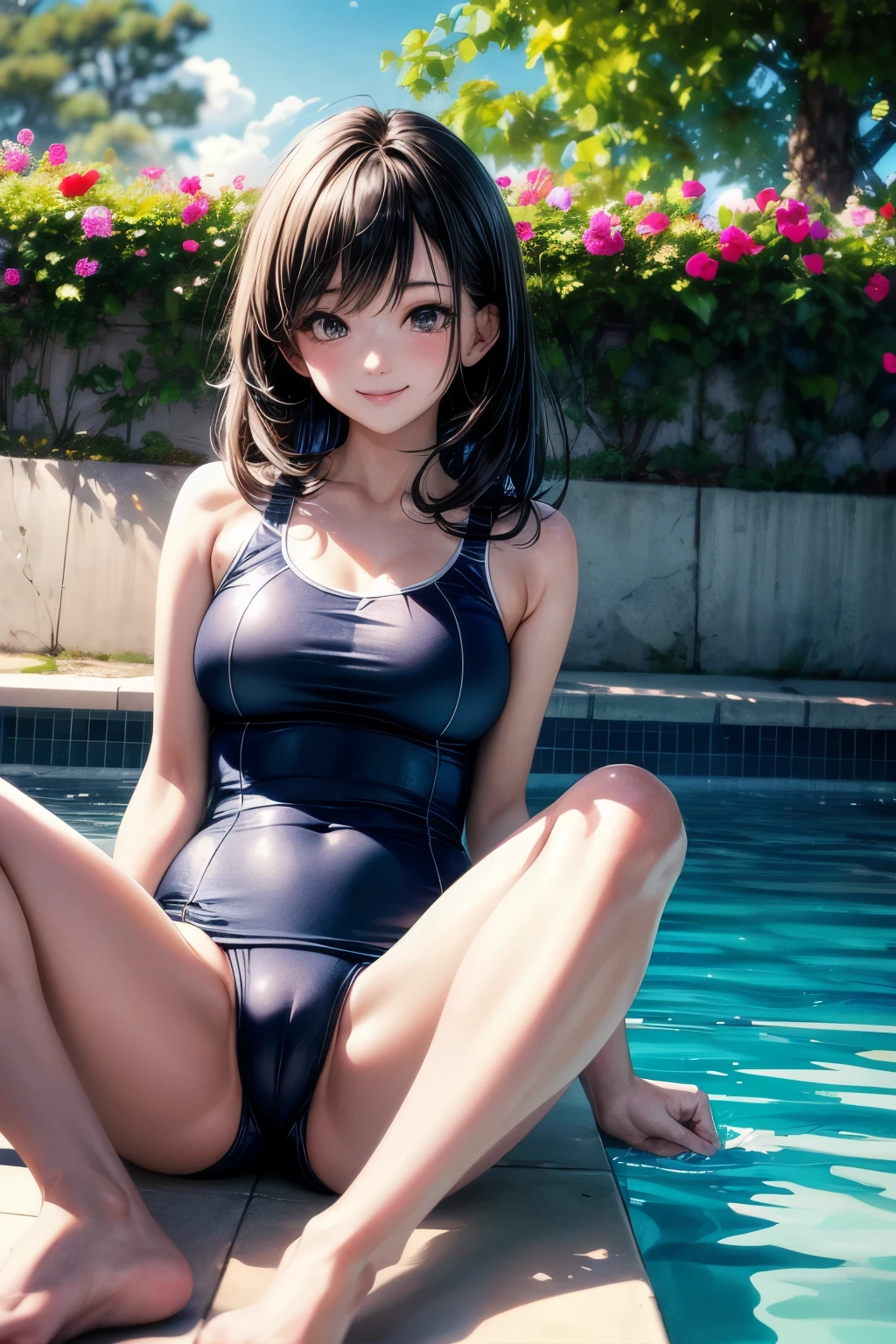very cute and beautiful girl,(highly detailed beautiful face),blue school swimsuit,
sitting,spread legs,looking at viewer,pool side,flowers in planters,(smile),black hair,
(best quality,masterpiece:1.2),absurdres,highres,ultra-detailed,extremely detailed,32k,
cinematic scene,detailed background,solo,dynamic angle,
hair fluttering in the wind,beautiful detailed sky,perfect hands,