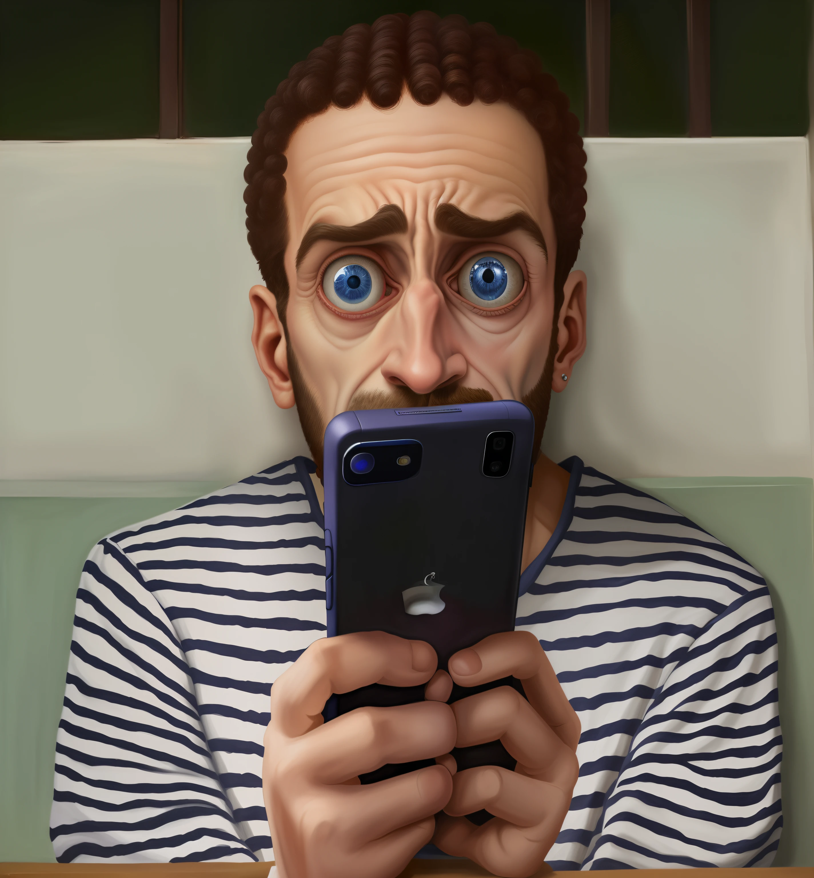 Homem com um olhar surpreso no rosto olhando para o telefone, olhando para o telefone dele, olhar horrorizado em seus olhos, Alex Grosso, technological angst, pintura digital dos desenhos animados, Enormes olhos surpresos, desenhos animados realistas, horrified expression, parecendo surpreso, olhar assustado, scared expression, ansioso. altamente detalhado, intense expression, estilo de arte realista, It's a deep dream