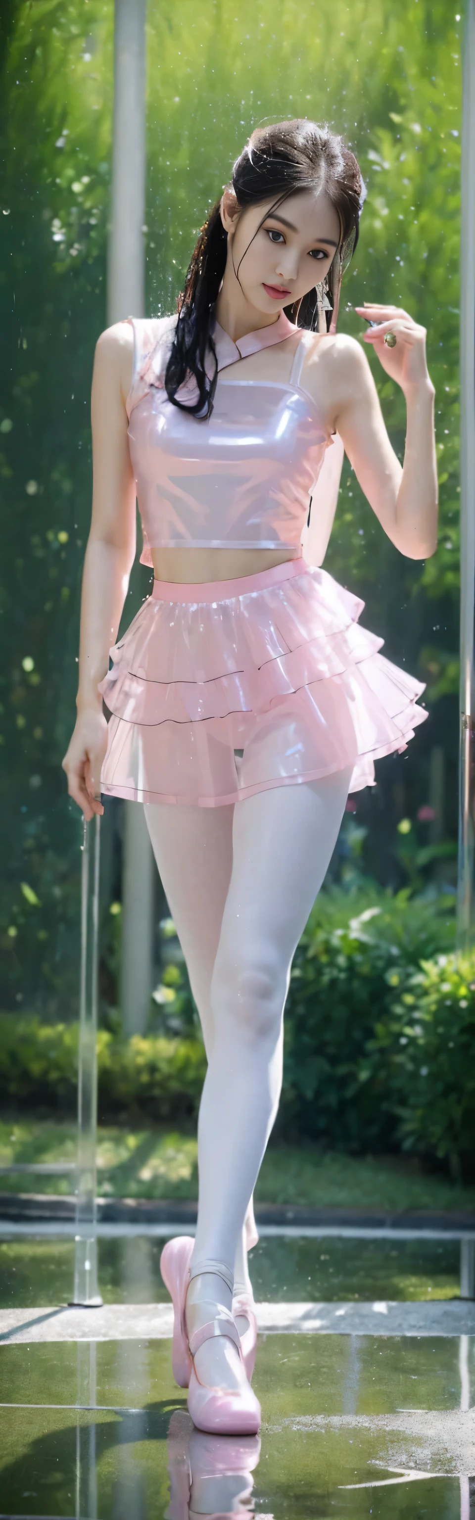 fashion model 18 years old [[[[特写乳ditch]]]], [[[[]]]], [[[[rape]]]], [[[[Shoulder]]]], perfect eyes, perfect iris，perfect lips，perfect teeth，Perfect skin，full细节的皮肤，long face，slender nose，girl，（(Chinese ballet dancer:1.4)），（(((standing posture:1.4)))），（(((legs apart:1.4)))），((Raise your hand，put it behind your head:1.4))，（Chinese ballet dancer的脸:1.4），（Chinese ballet dancer的头型:1.4），(((Pink transparent clip:1.4)))，A delicate face，（(((Body facing camera:1.4)))），（((wet身，wet头发，wet脸，wet腿，wet乳房:1.4))），（((Keep your eyes on the camera：1.4))），big breasts，Raised sexy，Focus on the belly button，Sexy long hair，(Sexy ballerina face,full细节，full，very sexy：1.4），(sexy eyes,full的眼神:1.4)，（sexy Shoulders），(sexy legs:1.4)，breast enlargement，show your neck，Off the Shoulders，ditch，(Expose the thighs，wet的，very sexy:1.4)，Navel exposed，show your feet，Hidetoshi，bare arms，（(Hidetoshi，luster，legs shiny，shining feet，very sexy，wet:1.4))，hip fat，Show leg length，Beautiful bright pink shoes，（full-body shot），green background，flowers，4K Ultra HD, ultra high resolution, (lifelike: 1.4), best quality，masterpiece，（pastel colors：1.2），prospect，（(((bottom front view:1.4))))