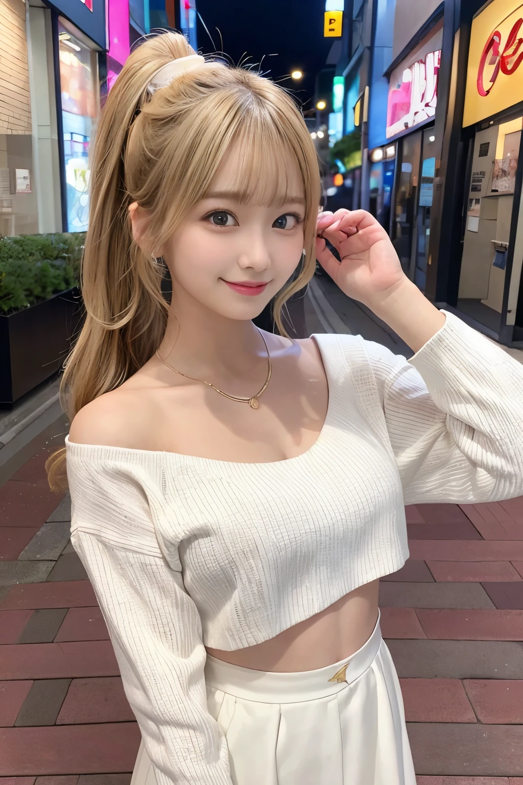 highest quality, figure, super detailed, finely, High resolution, 8k wallpaper, 完璧なダイナミックな構figure, detailed and beautiful eyes, Casual Fashion Summer,blonde、ponytail hair,beautiful breasts、natural color lip, bold sexy pose,smile,Harajuku、20 year old girl、cute、looking at the camera、smiling