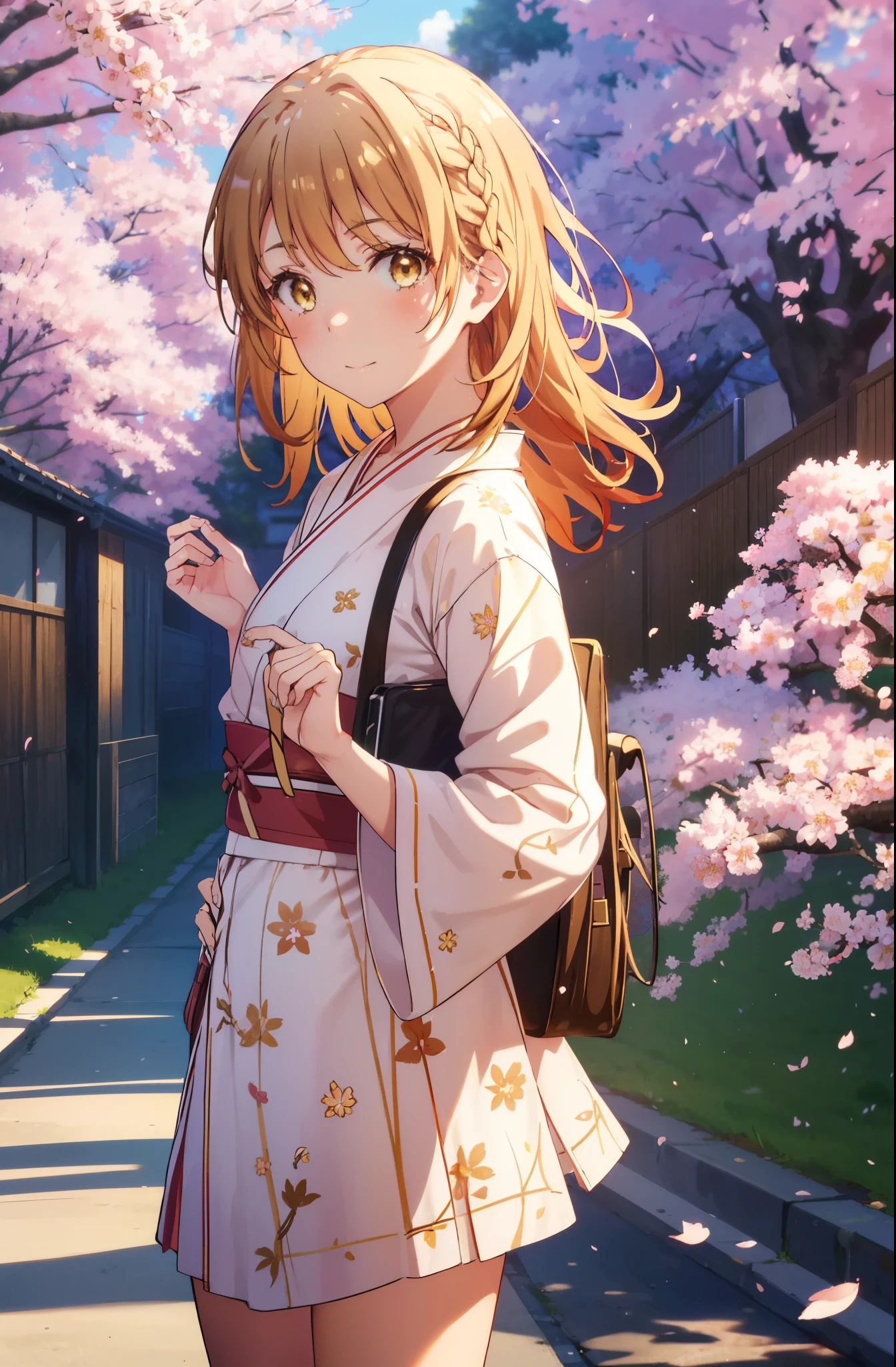 irohaisshiki, iroha isshiki,１girl girl, long hair,short braided hair,ponytail,cherry blossom hair ornament,brown hair, (brown eyes:1.5), smile,blush,Yellow flower stalk and yukata,Zori sandals,Cherry blossom tree-lined path,cherry blossoms are blooming,Cherry blossoms are scattered,noon,spring,walking,
break outdoors, garden,
break looking at viewer (cowboy shot:1. 5)
break (masterpiece:1.2), highest quality, High resolution, unity 8k wallpaper, (figure:0.8), (detailed and beautiful eyes:1.6), highly detailed face, perfect lighting, Very detailed CG, (perfect hands, perfect anatomy),
