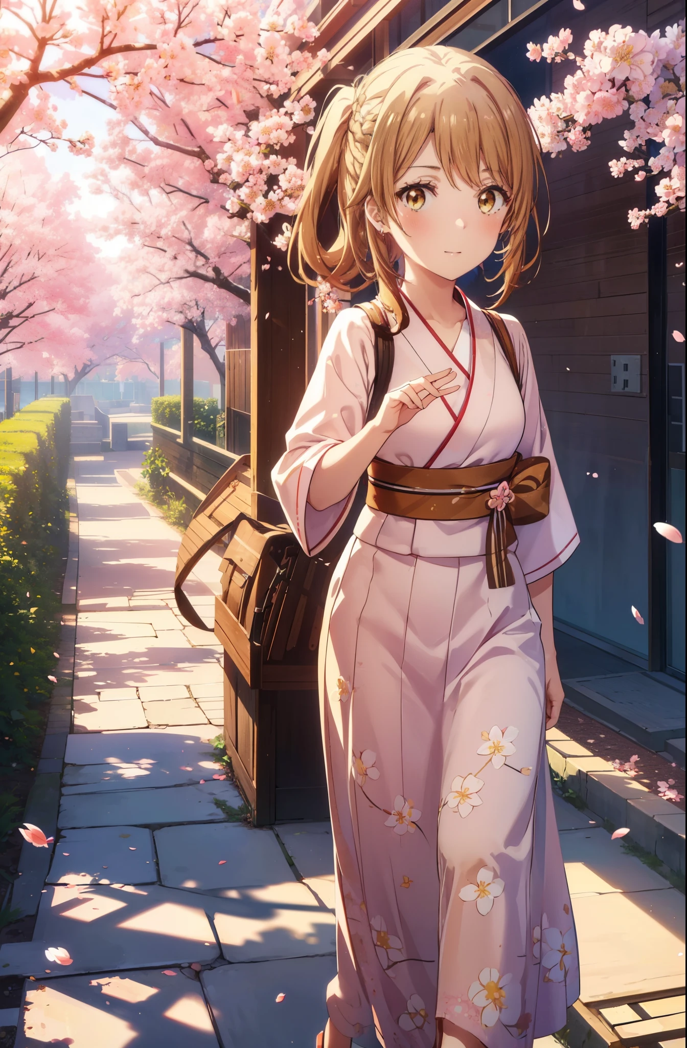 irohaisshiki, iroha isshiki,1girl girl, long hair,short braided hair,ponytail,cherry blossom hair ornament,brown hair, (brown eyes:1.5), smile,blush,Yellow flower stalk and yukata,Zori sandals,Cherry blossom tree-lined path,cherry blossoms are blooming,Cherry blossoms are scattered,noon,spring,walking,
break outdoors, garden,
break looking at viewer (cowboy shot:1. 5)
break (masterpiece:1.2), highest quality, High resolution, unity 8k wallpaper, (figure:0.8), (detailed and beautiful eyes:1.6), highly detailed face, perfect lighting, Very detailed CG, (perfect hands, perfect anatomy),