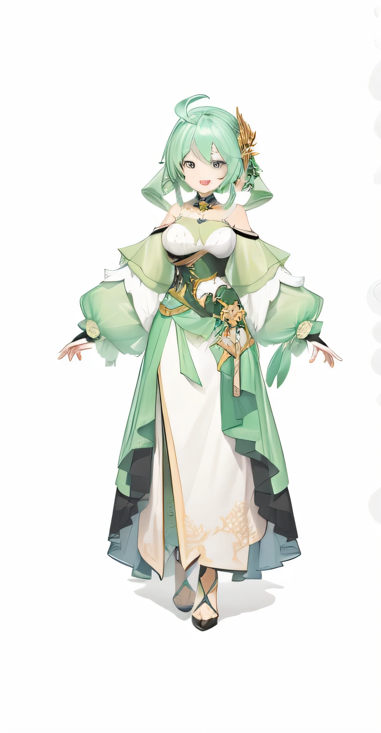 Anime character design of a woman in a green dress with flowers, ( ( Character Concept Art ) ), pretty Anime character design, Genshin Impact Characters, full body xianxia, Official concept art, Beautiful full body concept art, Official character illustrations, Keqing from genshin impact, Anime character design, High-quality character design