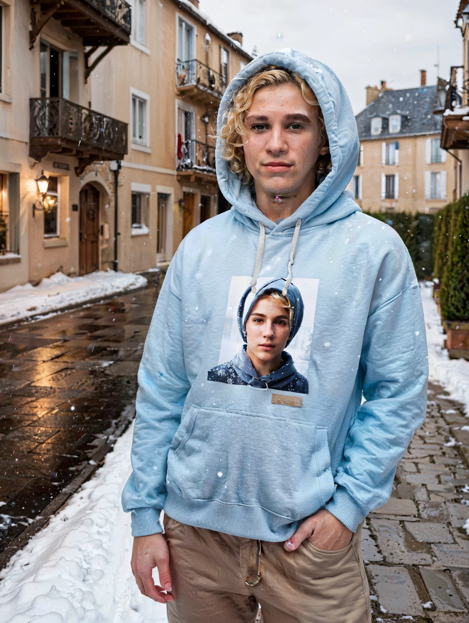 closeup selfie A 17-year-old boy with stylish, curly, blonde short hair wears a matching hoodie, capturing a selfie with his girlfriend, who wears a hijab and a matching light blue sweater. They stand on a picturesque French street at night, surrounded by softly falling snow, creating a romantic and realistic scene. The boy's detailed hair reflects the ambient streetlight, adding a touch of authenticity to the setting. 8k uhd, high quality, dramatic,