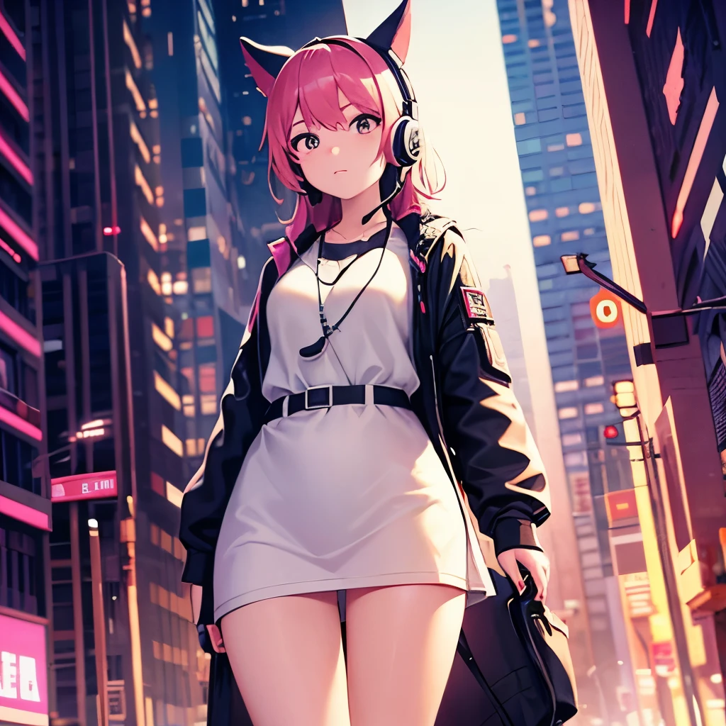 Lofi girl walking in side perspective, with headset on ear in night cyberpunk city