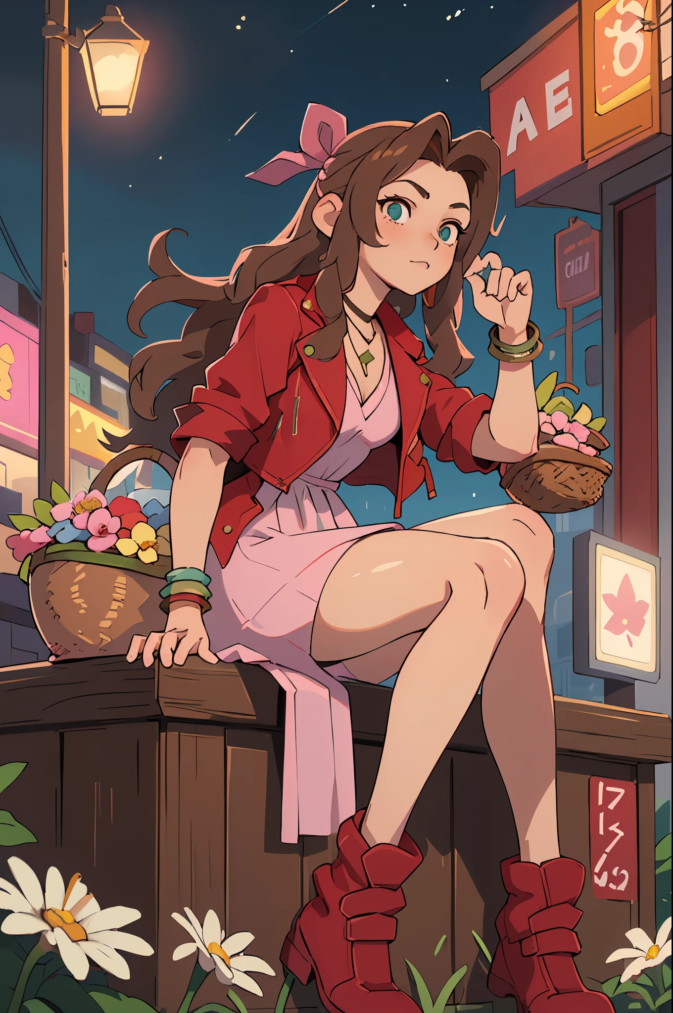 (masterpiece, best quality), 1girl,  beautiful face,  aerith gainsborough \(cosplay\) (ung beautiful girl, solo:1.1), red_jacket, necklace,brown_hair,long_hair,bracelet,pink_dress,hair_ribbon,flowers basket,holding basket,sitting,street, night,city lights,