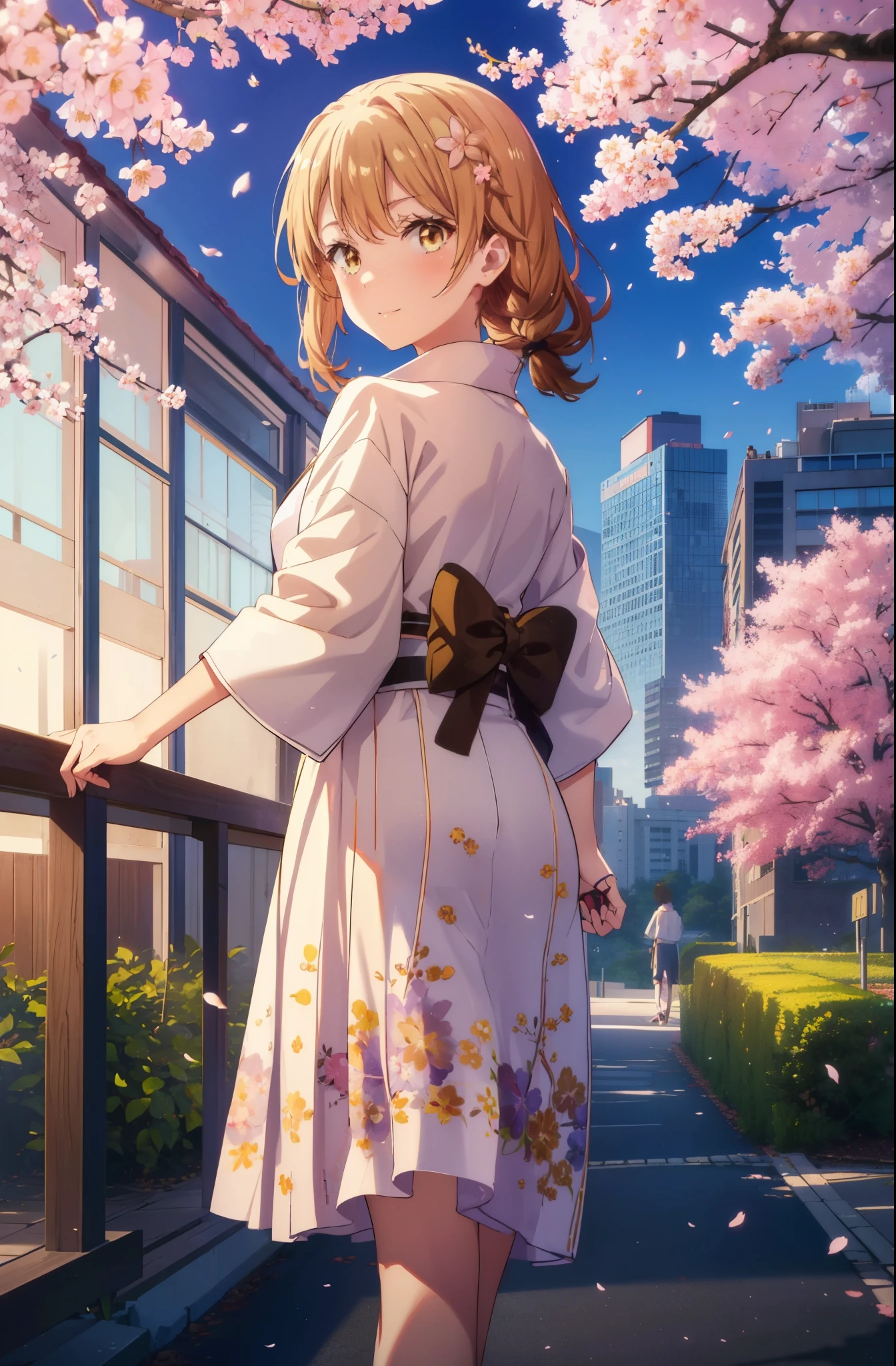 irohaisshiki, iroha isshiki,１girl girl, long hair,short braided hair,ponytail,cherry blossom hair ornament,brown hair, (brown eyes:1.5), smile,blush,Yellow flower stalk and yukata,Zori sandals,Cherry blossom tree-lined path,cherry blossoms are blooming,Cherry blossoms are scattered,noon,spring,walking,
break outdoors, garden,
break looking at viewer (cowboy shot:1. 5)
break (masterpiece:1.2), highest quality, High resolution, unity 8k wallpaper, (figure:0.8), (detailed and beautiful eyes:1.6), highly detailed face, perfect lighting, Very detailed CG, (perfect hands, perfect anatomy),