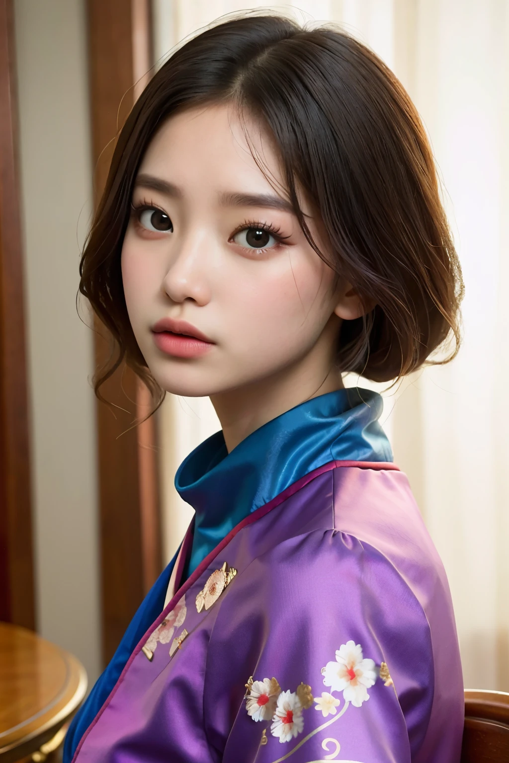 This is a captivating portrait photograph, featuring a Chinese girl adorned in a vibrant cheongsam and a delicate gauze scarf cascading over her shoulders. The scene is illuminated by soft, ethereal light, creating an enchanting atmosphere contrasting the purple hue that pervades the screen.
Up close, the intricacies of her traditional Chinese attire are brought to life in remarkable detail, each thread, pattern, and texture evident. Her expressive eyes, framed by dramatic makeup, convey depth and emotion as they gaze back at the viewer.
Taken in-camera with a comic style aesthetic, the photograph incorporates subtle graphic techniques that accentuate her