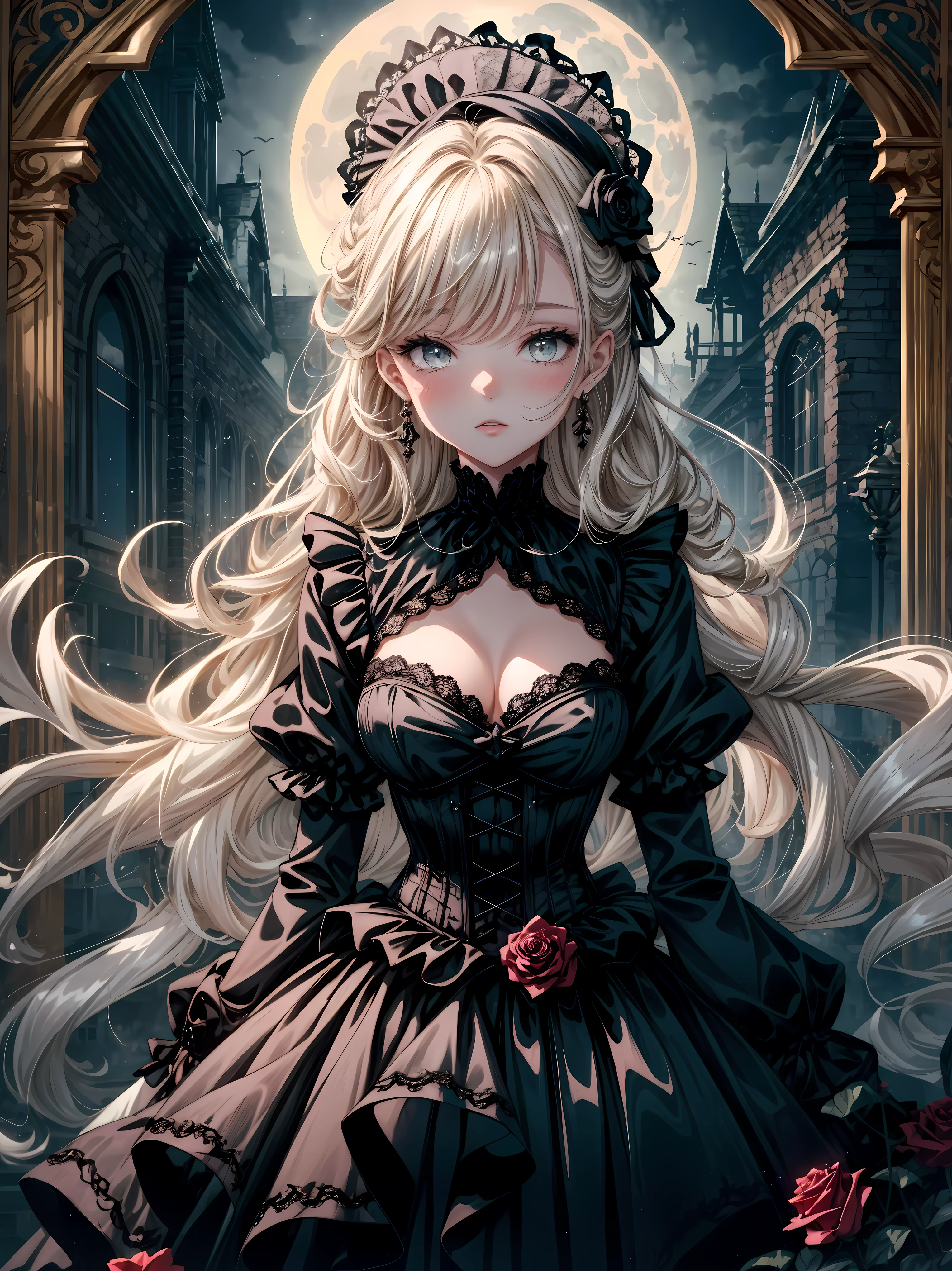 (leave),(best quality,high resolution:1.2),(A 7 year old girl, very young girl,alone), (Sophisticated rich and colorful ta dress:1.1),(Detailed lace pattern,Highly detailed design,flowing tulle layers,gothic fashion elements,Delicate bows and ribbons,dark romance,Victorian elegance,Beautifully embroidered,Dramatic silhouette,Detailed ruffles,rich texture,Fine tailoring,Gorgeous accessories),In sharp contrast,ethereal beauty,Dark and dreamy color palette,Vibrant shades,Luxurious velvet fabric,stunning corset,Well crafted buttons,Delicate lace collar,(Romantic moonlight garden setting),retro charm,Detailed rose pattern,magic rose,victorian mansion background,porcelain skin,Deep and mysterious gaze,midnight black long curly hair,intricate updo,Soft candlelight lighting, rich and colorful