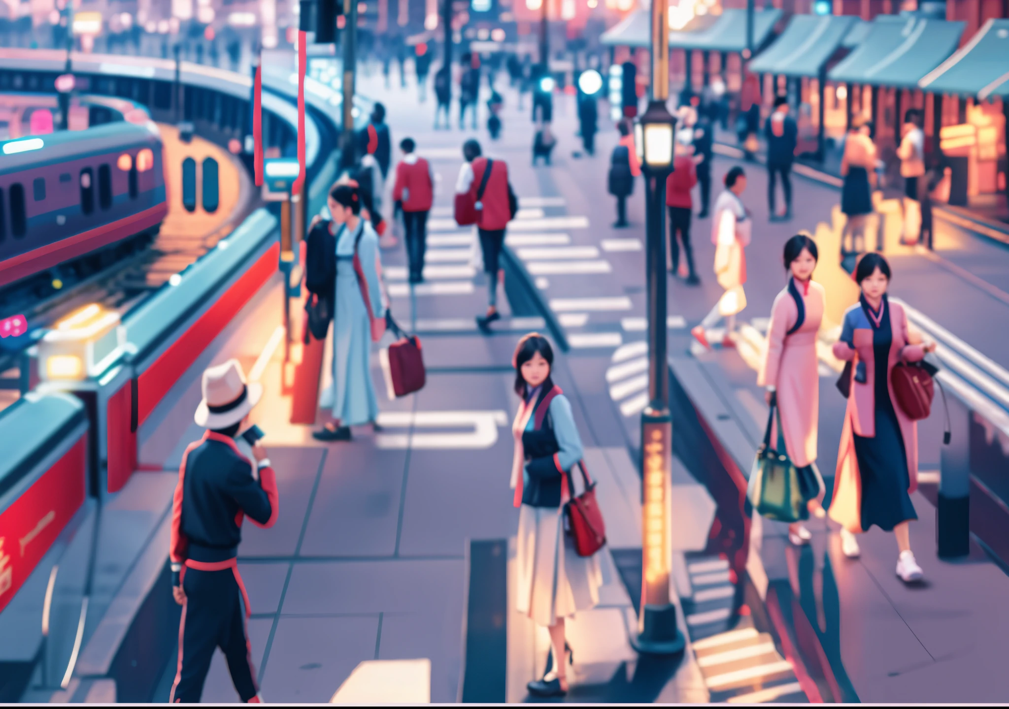 People walking on the platform near the train station, City streets,4k highly detailed digital art,Classical,Shanghai on the Bund,figure,apparel,cheongsam