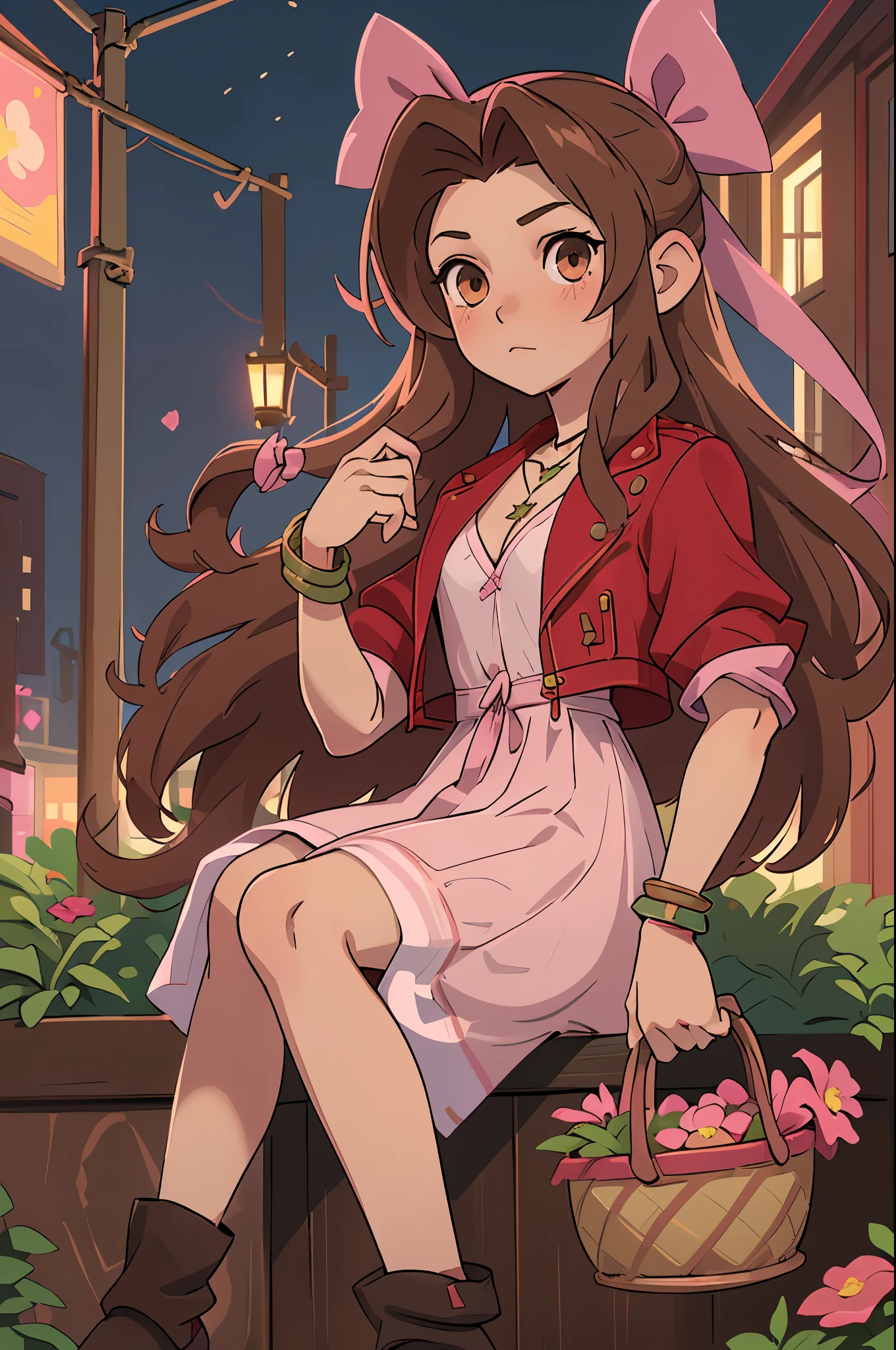 (masterpiece, best quality), 1girl,  beautiful face,  aerith gainsborough \(cosplay\) (****ung beautiful girl, solo:1.1), red_jacket, necklace,brown_hair,long_hair,bracelet,pink_dress,hair_ribbon,flowers basket,holding basket,sitting,street, night,city lights,