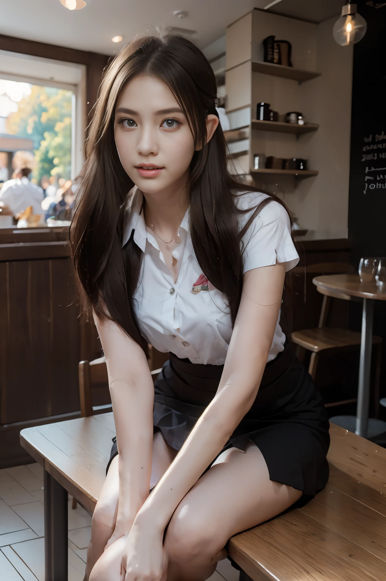 eva elves, student uniform, ((Best Quality)), ((Masterpiece)), (Detailed), a perfect face, sitting in beautiful cafe shop