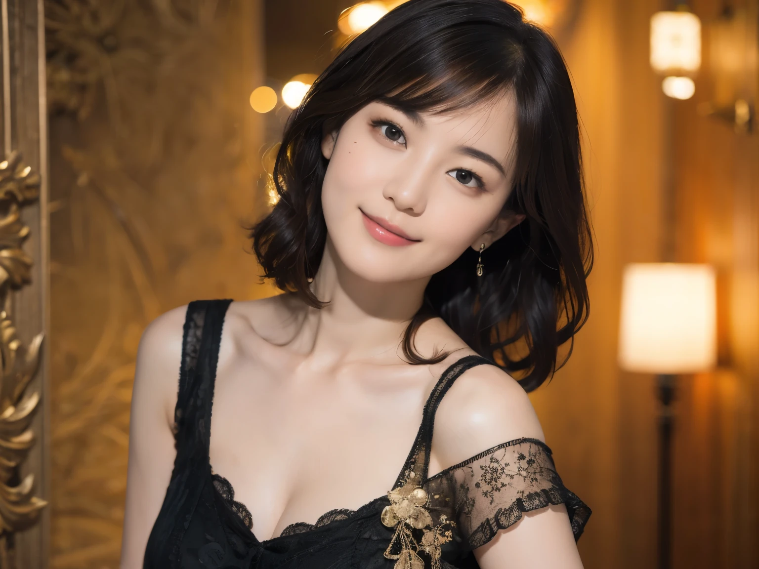 69
(20-year-old princess,is standing), (A hyper-realistic), (Masterpiece), ((A dark-haired、short-hair:1.3)), (Silky hair), (breast), (kindly smile:0.7), lipsticks, Luxurious dresses