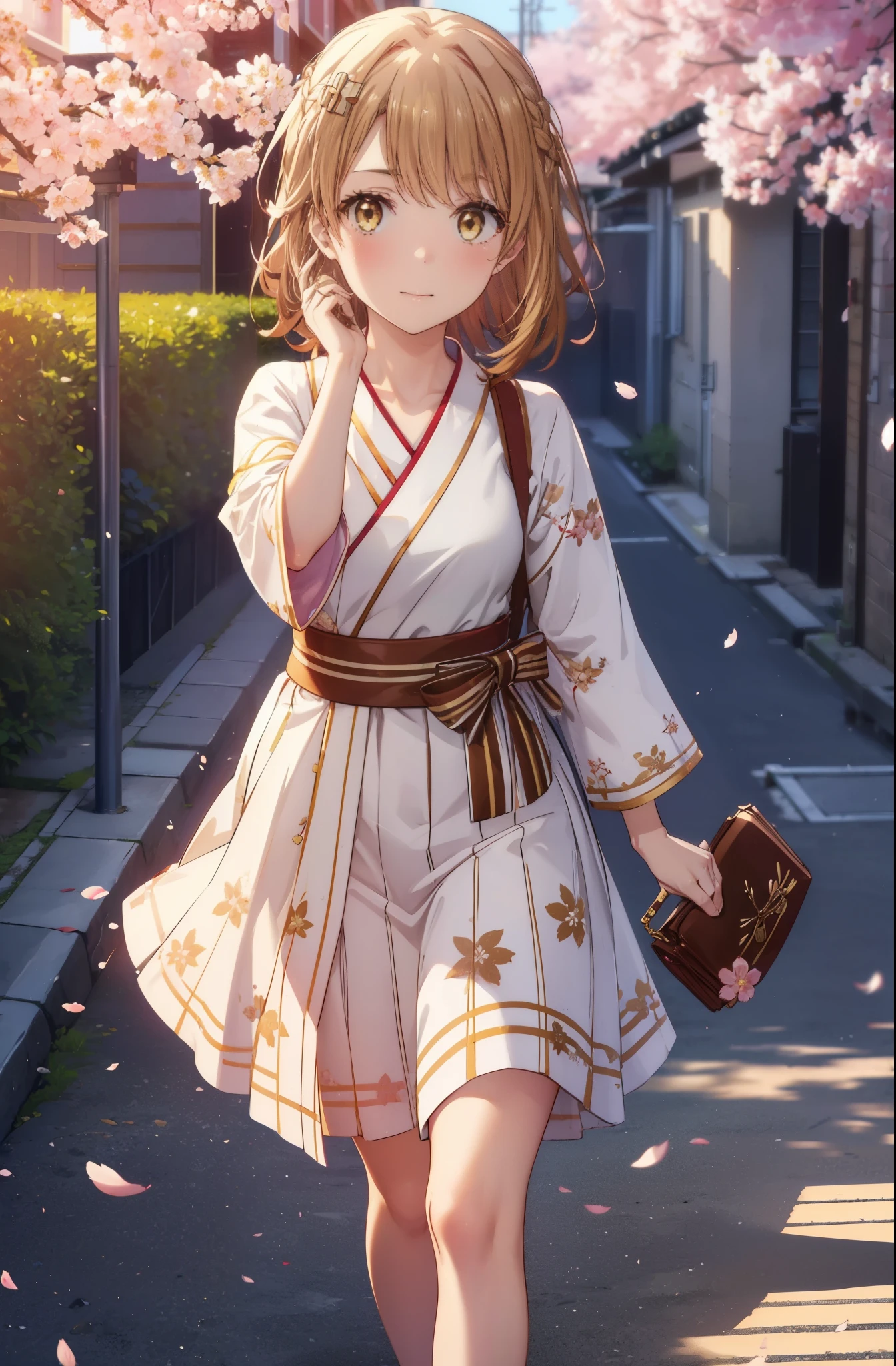 irohaisshiki, iroha isshiki,1girl girl, long hair,short braided hair,ponytail,cherry blossom hair ornament,brown hair, (brown eyes:1.5), smile,blush,yellow floral kimono,Zori sandals,Cherry blossom tree-lined path,cherry blossoms are blooming,Cherry blossoms are scattered,noon,spring,walking,
break outdoors, garden,
break looking at viewer ,Upper body,whole body,(cowboy shot:1. 5)
break (masterpiece:1.2), highest quality, High resolution, unity 8k wallpaper, (figure:0.8), (detailed and beautiful eyes:1.6), highly detailed face, perfect lighting, Very detailed CG, (perfect hands, perfect anatomy),