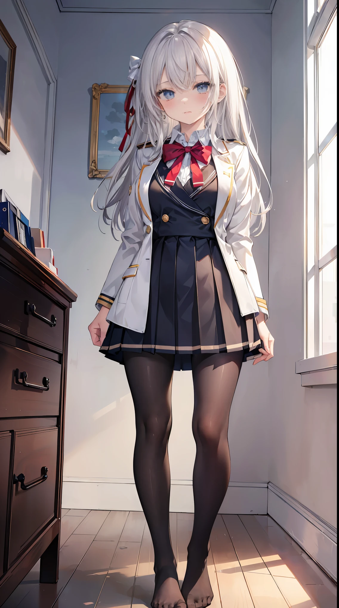 finest, masterpiece, High resolution, (whole body), front, symmetrical, Mature , alone, (whole body from head to toe), small breasts, long hair, slightly messy hair, (black tights), ( (black pantyhose), black pantyhose, composition show me your white panties, slender beautiful feet, very beautiful 17 year old girl (not wearing shoes) feet), blush, shy big eyes,looking at camera, show me your white panties, white ruffle lingerie, high school uniform blazer, high school uniform white blouse, High school uniform with blue ribbon, High school uniform with short plaid pattern and navy pleated skirt、nsfw
