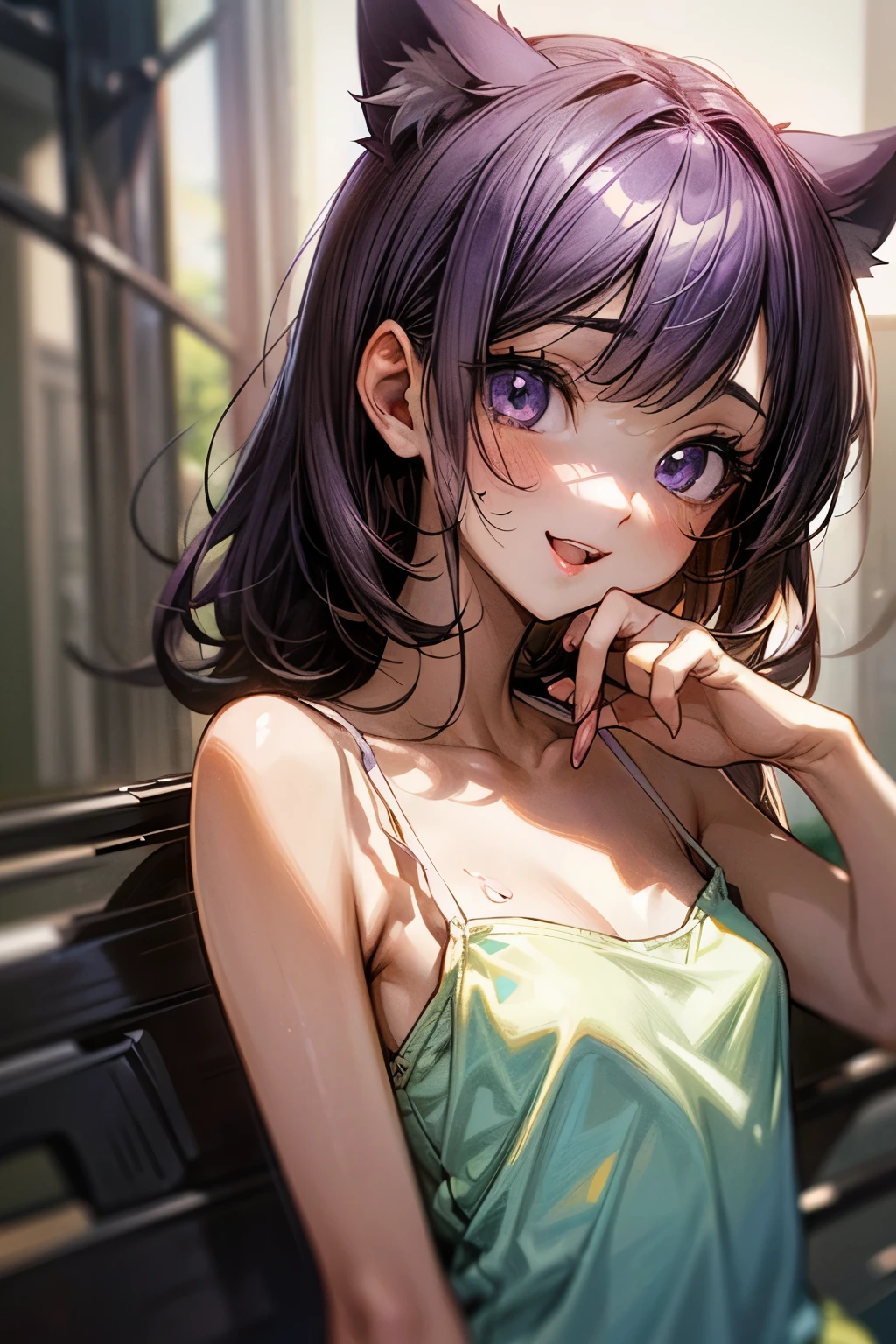 ((Masterpiece)), (Anime:1.3), ((best quality)), (RAW photo: 1.2), (High Definition:1.3), (Professional Photography:1.2), (drop shadow:1.5), (closeup face), Textured skin, cinematic lighting, (), 1girl, (Cute teenage beaul Girl),BREAK, ((best quality)), ((glossy lips)), beautiful brown eyes, (Beautiful amethyst eyes:1.5), Cat ears, Pale brown hair, unruly hair, medium hair, (long bang), (hairbobbles), (innocent smile), Open mouth, BREAK, (Anime:1.3), ((dirty and very torn white camisole)), Slender body, small breasts, sweaty, Beautiful small breasts, (kawaii posing:1.4), Slum townscape,