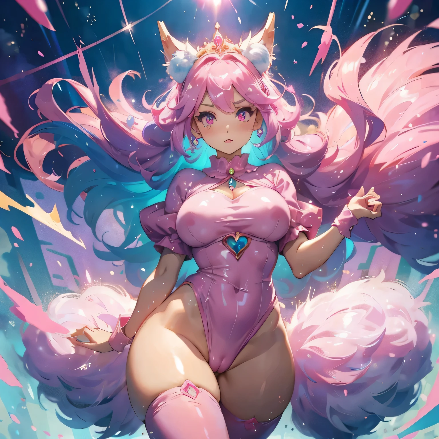 1 Pink Princess, (pink and blue hair), ((big hair)), double eyelid, camel toe, shy, wide hips, big fat ass, camel toe, cum around, cum on face,Soft ass, Big Tits, flexible, cute expression, hentai,Perfect skin, (fluffy), pink eyes, (fluffy Particles:1.2), (Cute clothes), (NFV:1.1)