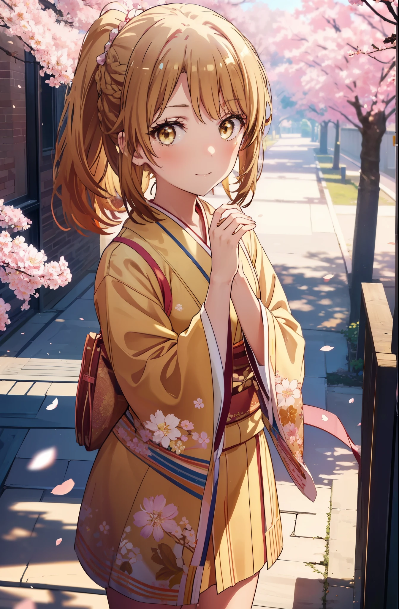 irohaisshiki, iroha isshiki,１girl girl, long hair,short braided hair,ponytail,cherry blossom hair ornament,brown hair, (brown eyes:1.5), smile,blush,Kimono with yellow floral pattern,Zori sandals,Cherry blossom tree-lined path,The cherry blossoms have bloomed,Cherry blossoms are scattered,noon,spring,walk,
break outdoors, garden,
break looking at viewer ,Upper body,whole body,(cowboy shot:1. 5)
break (masterpiece:1.2), highest quality, High resolution, unity 8k wallpaper, (shape:0.8), (fine and beautiful eyes:1.6), highly detailed face, perfect lighting, Very detailed CG, (perfect hands, perfect anatomy),