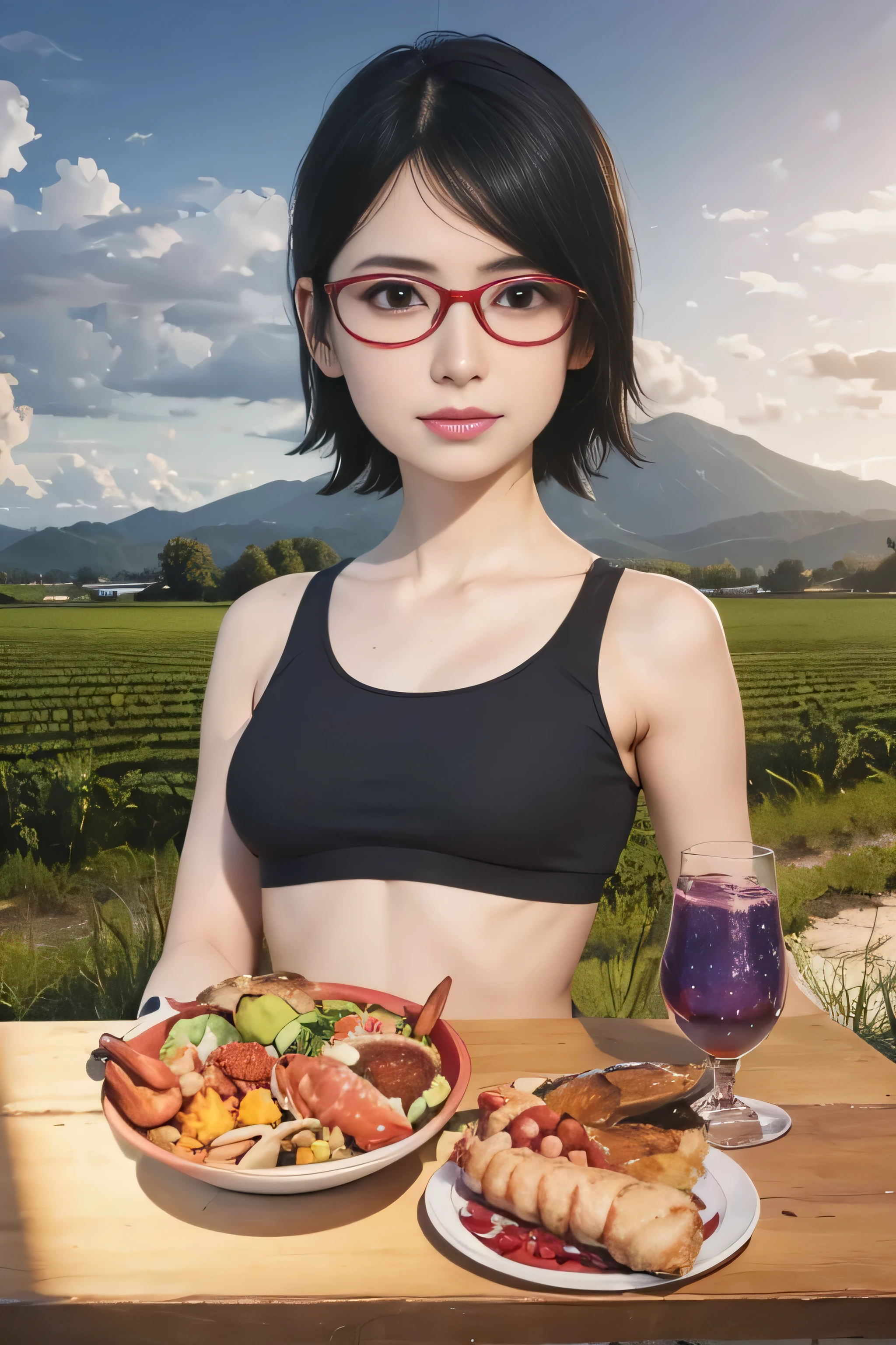 masterpiece, best quality, (realistic,photo-realistic:1.4), (RAW photo:1.2), extremely detailed CG unity 8k wallpaper, delicate and beautiful, amazing,finely detail, official art, absurdres, incredibly absurdres, huge filesize, ultra-detailed,extremely detailed eyes and face,light on face,sarada,(little smile),(black hair:1.4),(short hair:1.6),(wearing sports bra:1.5),window,(wearing red framed glasses:1.4),(small breast:1.3),rice field,seafood,juice