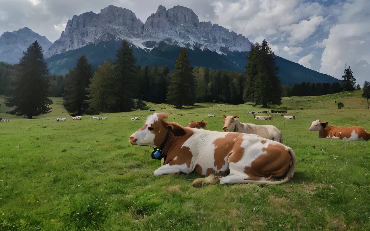 there are many cows that are laying down in the grass, cows, random cows, in the dolomites, by Erwin Bowien, bovine, dolomites in the background, by Dietmar Damerau, by Hans Schwarz, by Matthias Weischer, cow, dolomites in background, in the swiss alps, the alps are in the background