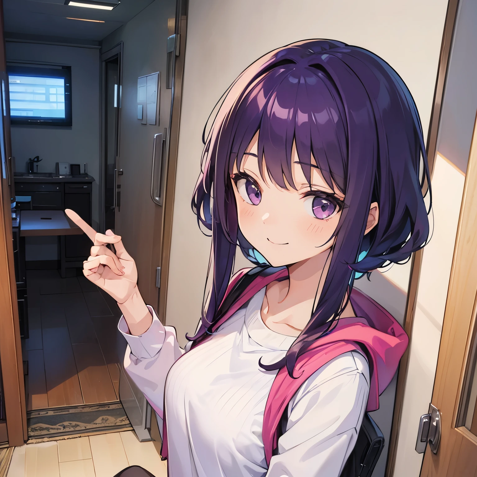 (T Masterpiece,4k wallpaper,best quality))、((girl1people))、(solo)、Shining and vivid,(purple hair)、(shortcut:1.3)、smile、Bedroom、sweater、morning