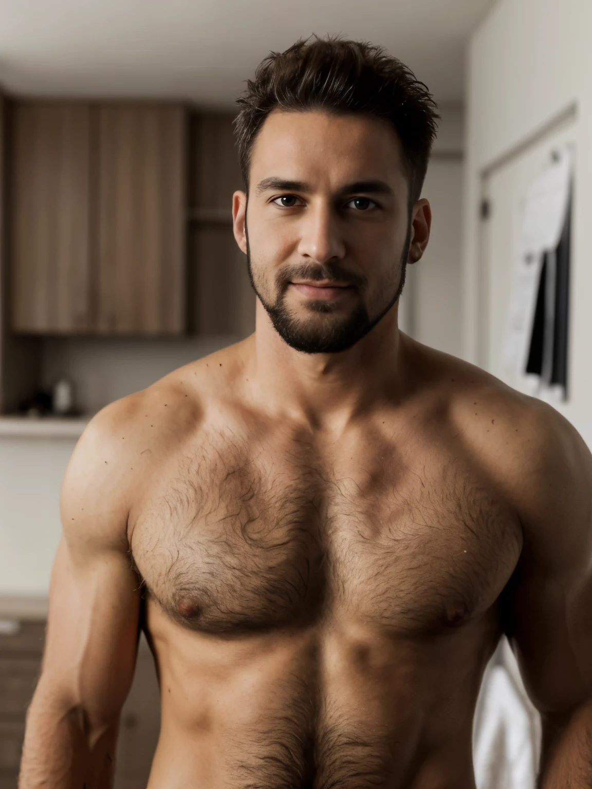masterpiece, best quality, high resolution, closeup portrait, male focus, solo focus, A man, with doctor clothes, bare chest, body hair, facial hair, goatee, messy short hair, very hairy body , skinny , in the background a doctor office, amazing composition, front view, HDR, ultra quality, elegant, highly detailed, seductive smirk, dominant pose