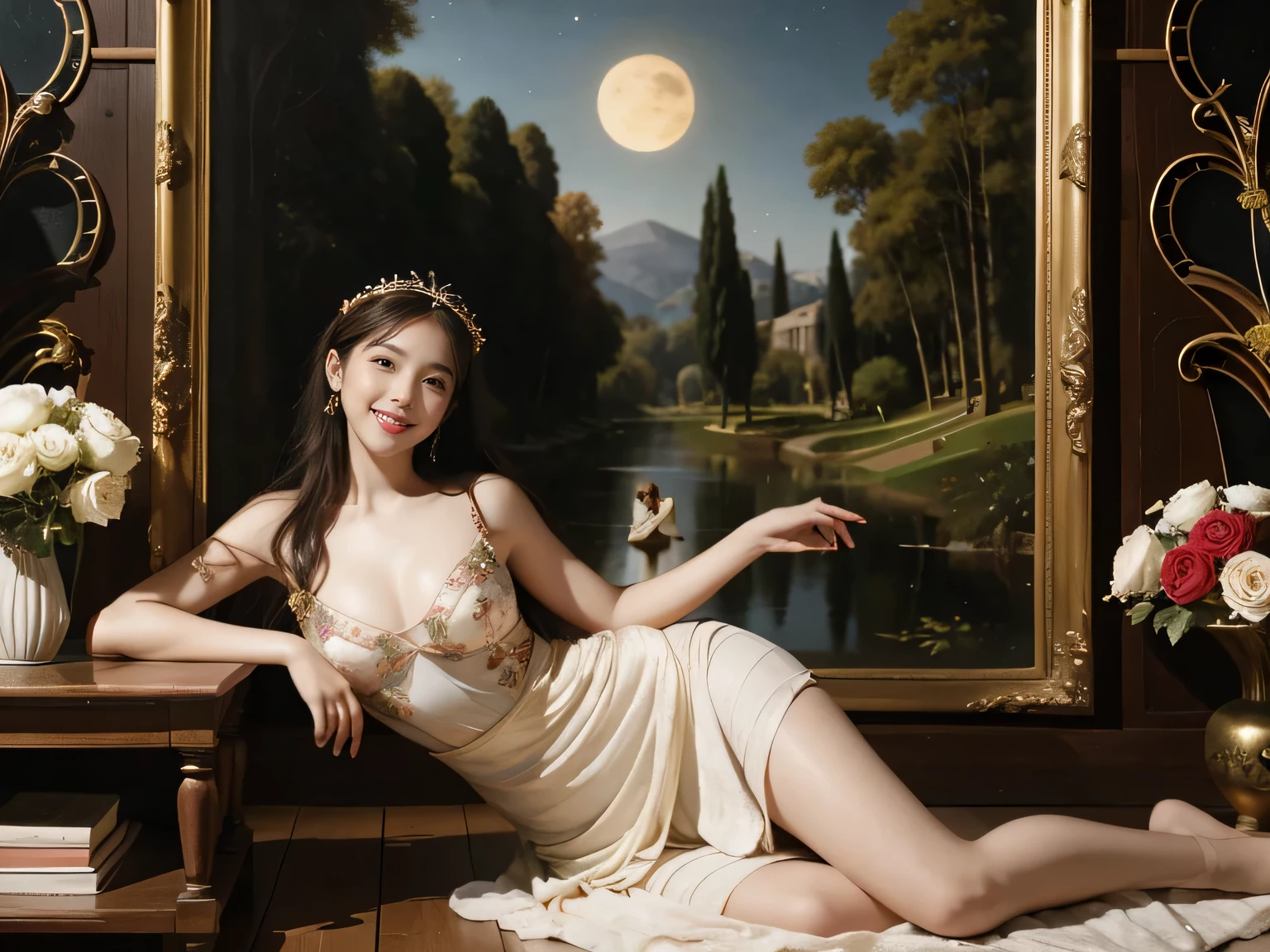 Giorgione's painting style,Discussion between two female philosophers,math、astronomical machine、astronaut、roses in vase、fruit、Cute trinkets、smile、ancient greek costume、The background is a forest lake at night 、Clothes that stretch your shoulders、A big smile、beautiful bare skin、A detailed representation of the seducing woman throughout her body..
