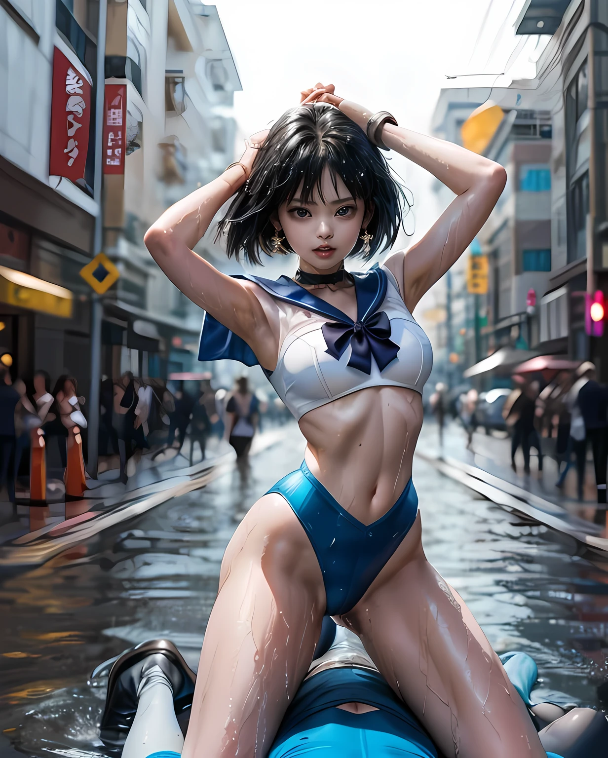 sailor saturnがCowgirlで性交する, (((realistic, highest quality, High resolution, real women pictures:1.2))), (((sailor saturnのレオタードを着ている16歳の女子高校生:1.3)), (sailor saturnのコスチューム), (slender body shape:1.74), Cowgirl性交する, ((anatomically correct:1.2)), short-haired with bangs, (I am wearing a white sailor warrior leotard whose fabric is too thin..:1.2), vaginaに陰茎を挿入するCowgirlポーズ, curved body, 大きく股を開いてCowgirl, A white leotard that sticks to your skin too much, vaginaの詳細な描写, beautiful thighs, Huge penis is pushed up by the girl'vagina, nose too small, toned stomach, 16 year old beautiful girl has sex with her clothes on, saddle, Cowgirl, Girl Straddling Man, (normal limb), Too cute small face, the whole body is wet, put your hands behind your head, nostrils are not visible, realistic, vaginaが濡れている, lips slightly open, (anatomically correct:1.2), A guy inserts a penis into a girl, sailor saturn, on the street during the day