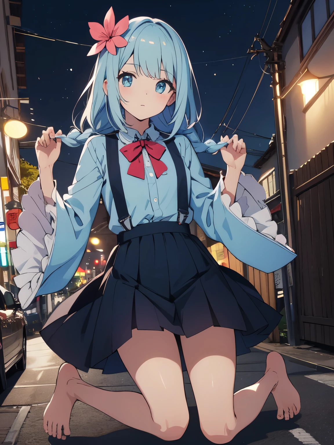 highest quality、High quality、masterpiece、anime、1 girl, Shining eyes、orange sleeves, gray hair, white skin, light blue hair ornament, blue suspenders, blue clothes, light blue eyes, Barefoot, Double braid