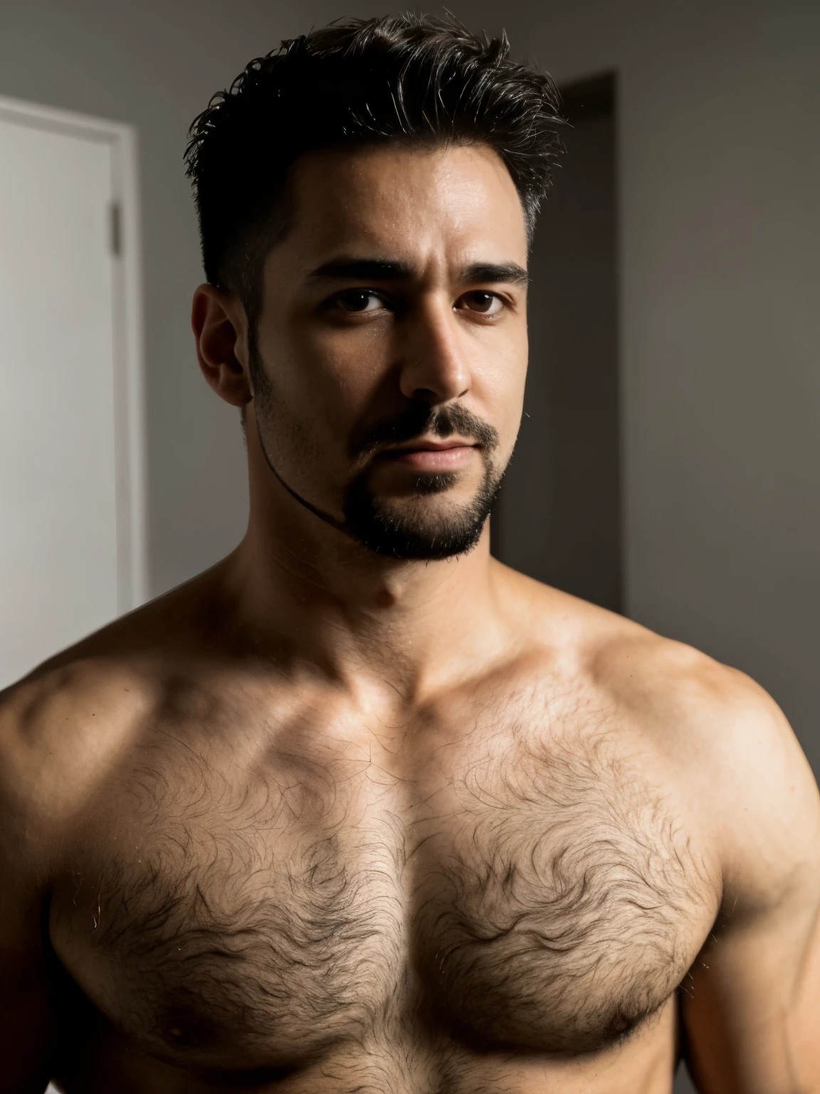 masterpiece, best quality, high resolution, closeup portrait, male focus, solo focus, A man, with doctor clothes, bare chest, body hair, facial hair, goatee, messy short hair, very hairy body , skinny , in the background a doctor office, amazing composition, front view, HDR, ultra quality, elegant, highly detailed, seductive smirk, dominant pose