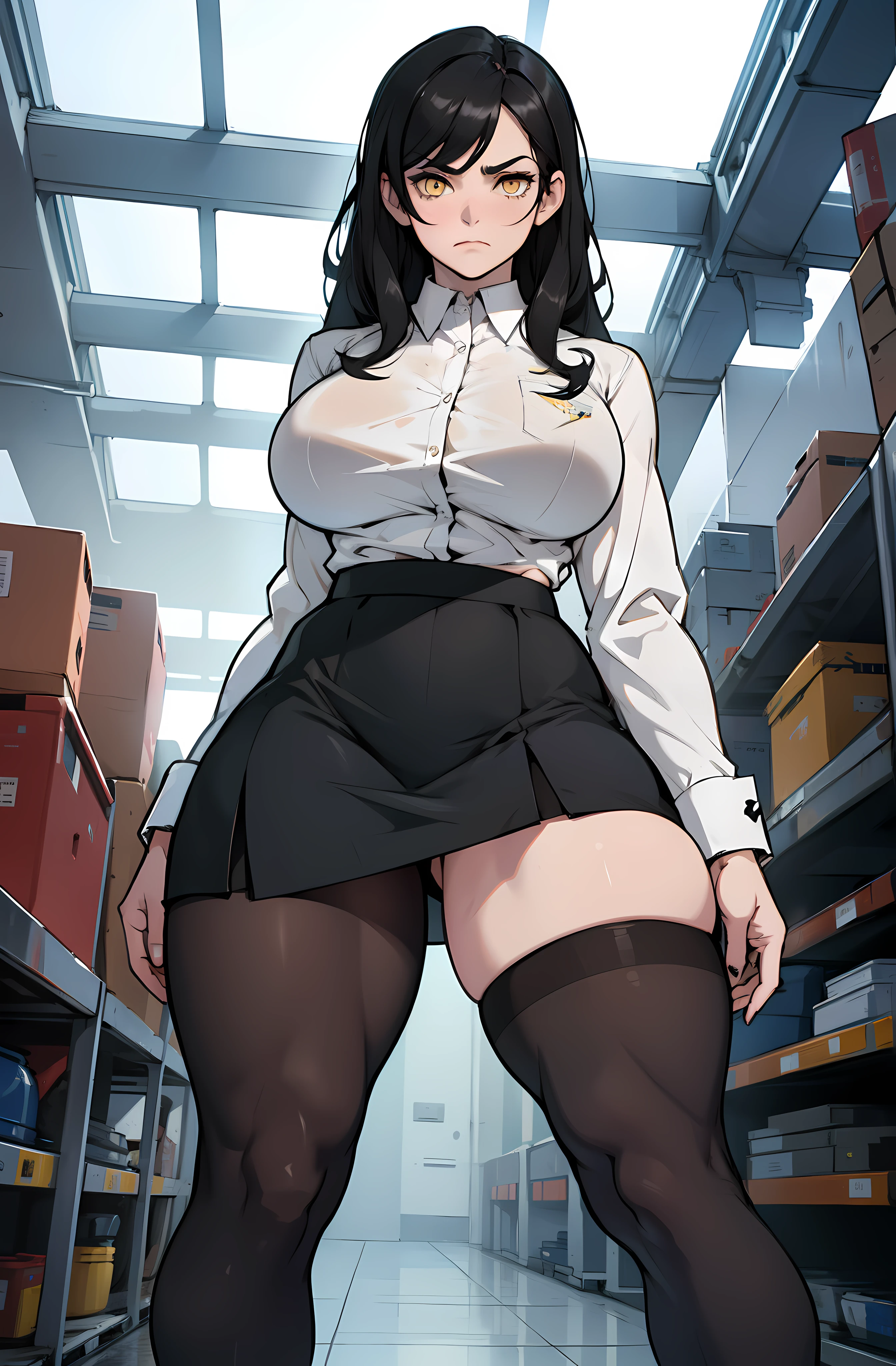((muscular girl huge breasts)) black hair yellow eyes pale skin frown UHD 16k best quality wide hips tight shirt skirt pantyhose