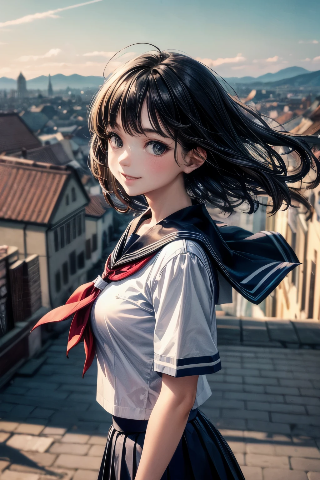 very cute and beautiful girl,,(highly detailed beautiful face),
smile,black hair,(sailor school uniform,pleated navy blue mini skirt),dynamic pose,looking at viewer,
many european houses with red roof,(town overview:1.2),
(best quality,masterpiece:1.2),absurdres,highres,ultra-detailed,extremely detailed,32k,8k resolution,
intricate details,cinematic scene,detailed background,solo,dynamic angle,
solo,hair fluttering in the wind,beautiful detailed sky,perfect hands,