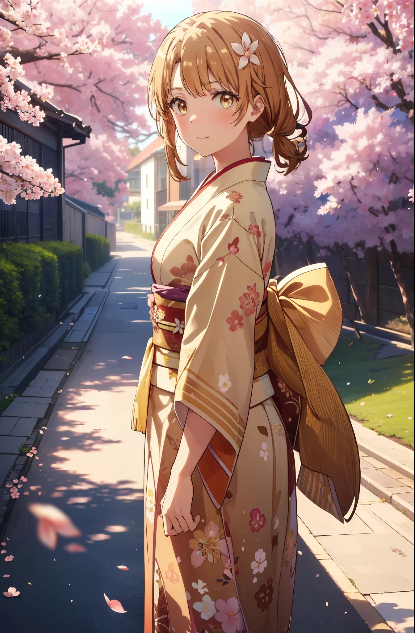 irohaisshiki, iroha isshiki,1girl girl, long hair,short braided hair,ponytail,cherry blossom hair ornament,brown hair, (brown eyes:1.5), smile,blush,Yellow floral pattern gorgeous kimono,Zori sandals,Cherry blossom tree-lined path,The cherry blossoms have bloomed,Cherry blossoms are scattered,noon,spring,walk,
break outdoors, garden,
break looking at viewer ,Upper body,whole body,(cowboy shot:1. 5)
break (masterpiece:1.2), highest quality, High resolution, unity 8k wallpaper, (shape:0.8), (fine and beautiful eyes:1.6), highly detailed face, perfect lighting, Very detailed CG, (perfect hands, perfect anatomy),