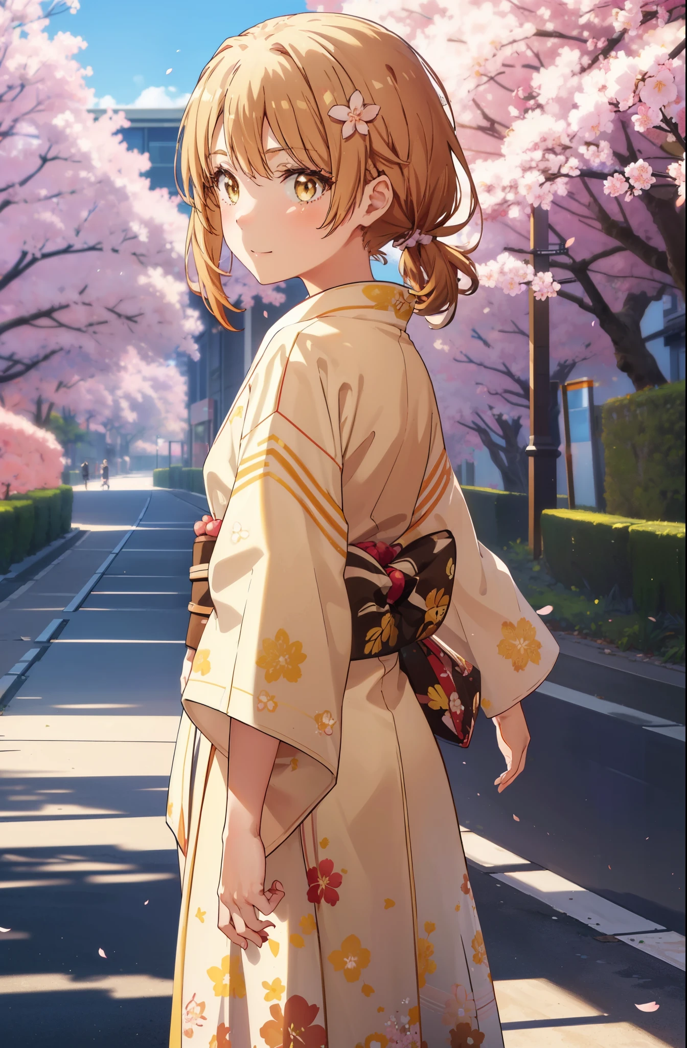 irohaisshiki, iroha isshiki,1girl girl, long hair,short braided hair,ponytail,cherry blossom hair ornament,brown hair, (brown eyes:1.5), smile,blush,Yellow floral pattern gorgeous kimono,Zori sandals,Cherry blossom tree-lined path,The cherry blossoms have bloomed,Cherry blossoms are scattered,noon,spring,walk,
break outdoors, garden,
break looking at viewer ,Upper body,whole body,(cowboy shot:1. 5)
break (masterpiece:1.2), highest quality, High resolution, unity 8k wallpaper, (shape:0.8), (fine and beautiful eyes:1.6), highly detailed face, perfect lighting, Very detailed CG, (perfect hands, perfect anatomy),