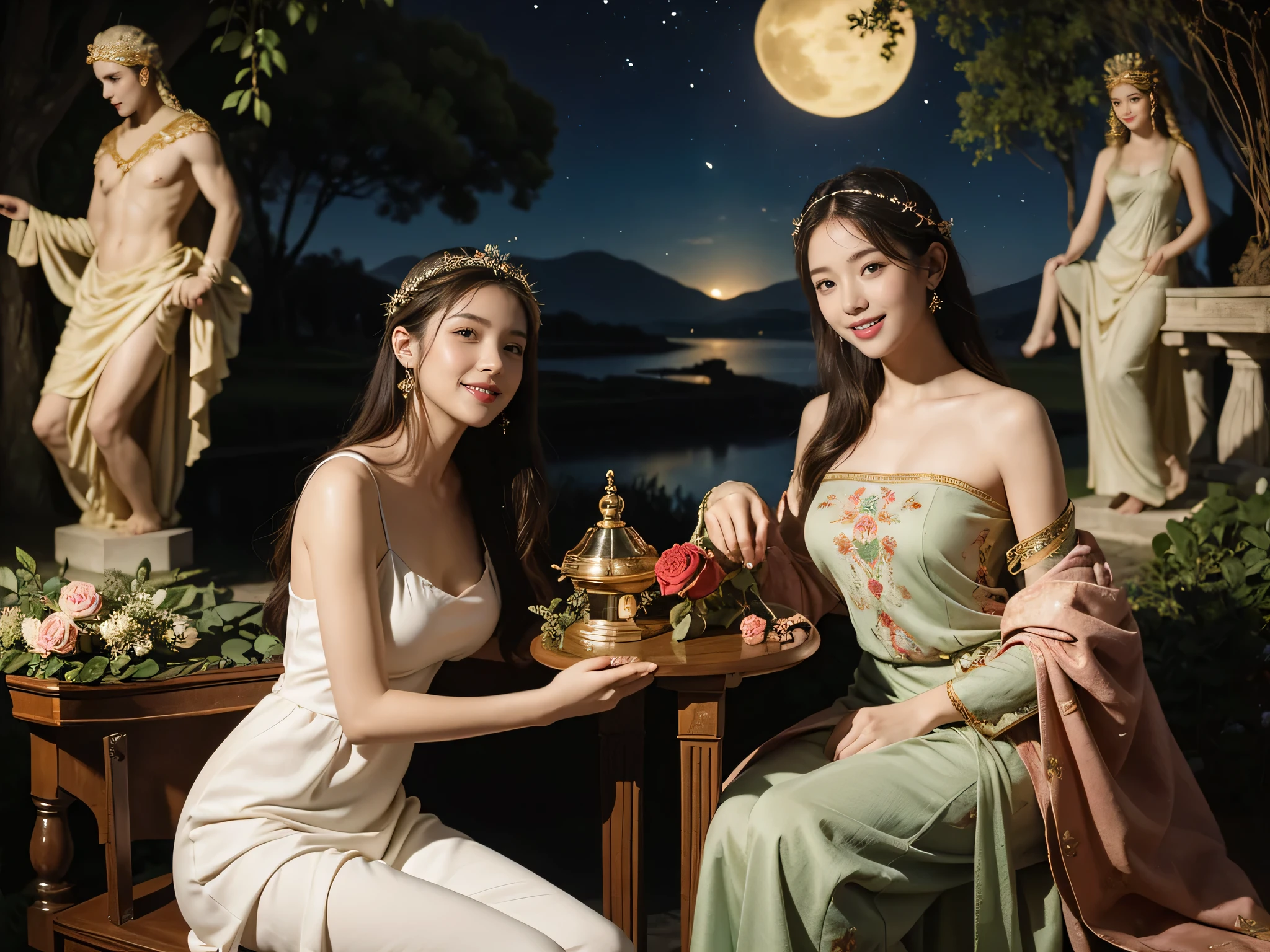Giorgione&#39;painting style,A conversation between two female philosophers,math、astronomical machine、astronaut、roses in vase、fruits、Cute trinkets、smile、ancient greek costume、The background is a forest lake at night 、Clothes that stretch your shoulders、A big smile、beautiful bare skin、A detailed representation of the seducing woman throughout her body...