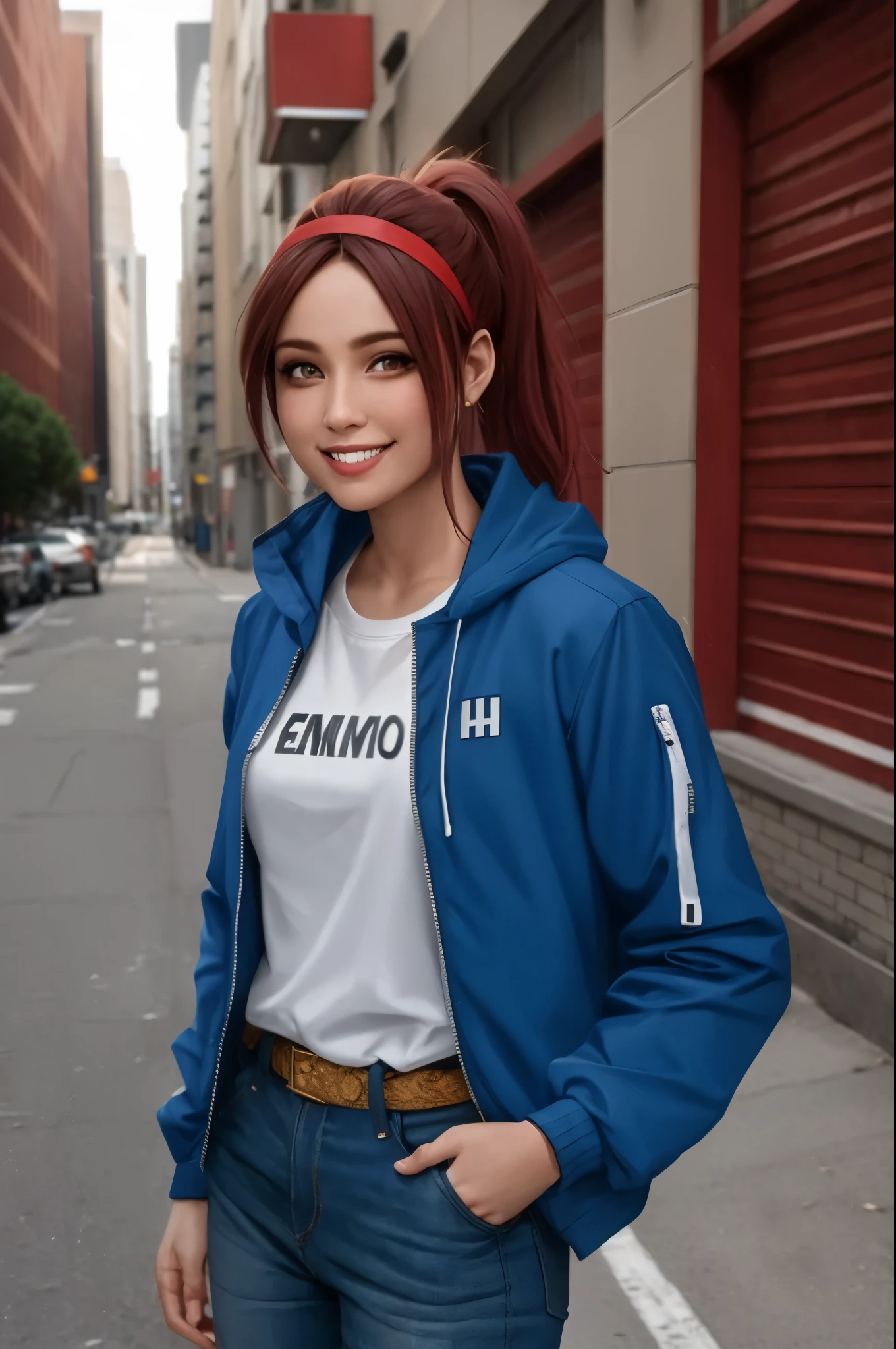 masterpiece,realistic,16K,best quality,absurdres, hispanic,smirk, grin, high pony, headband, jacket, edg90hh, a woman in urban wear,wearing edg90hh_clothing 
