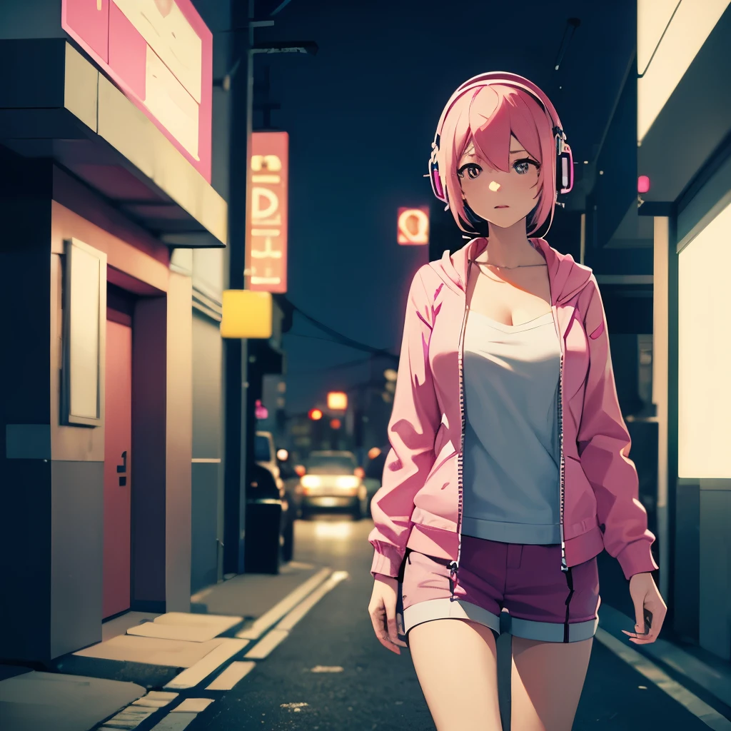 Lofi girl with pink hair, medium sized breasts, pink hair and white clothes walking in side perspective, with headphones in night cyberpunk city